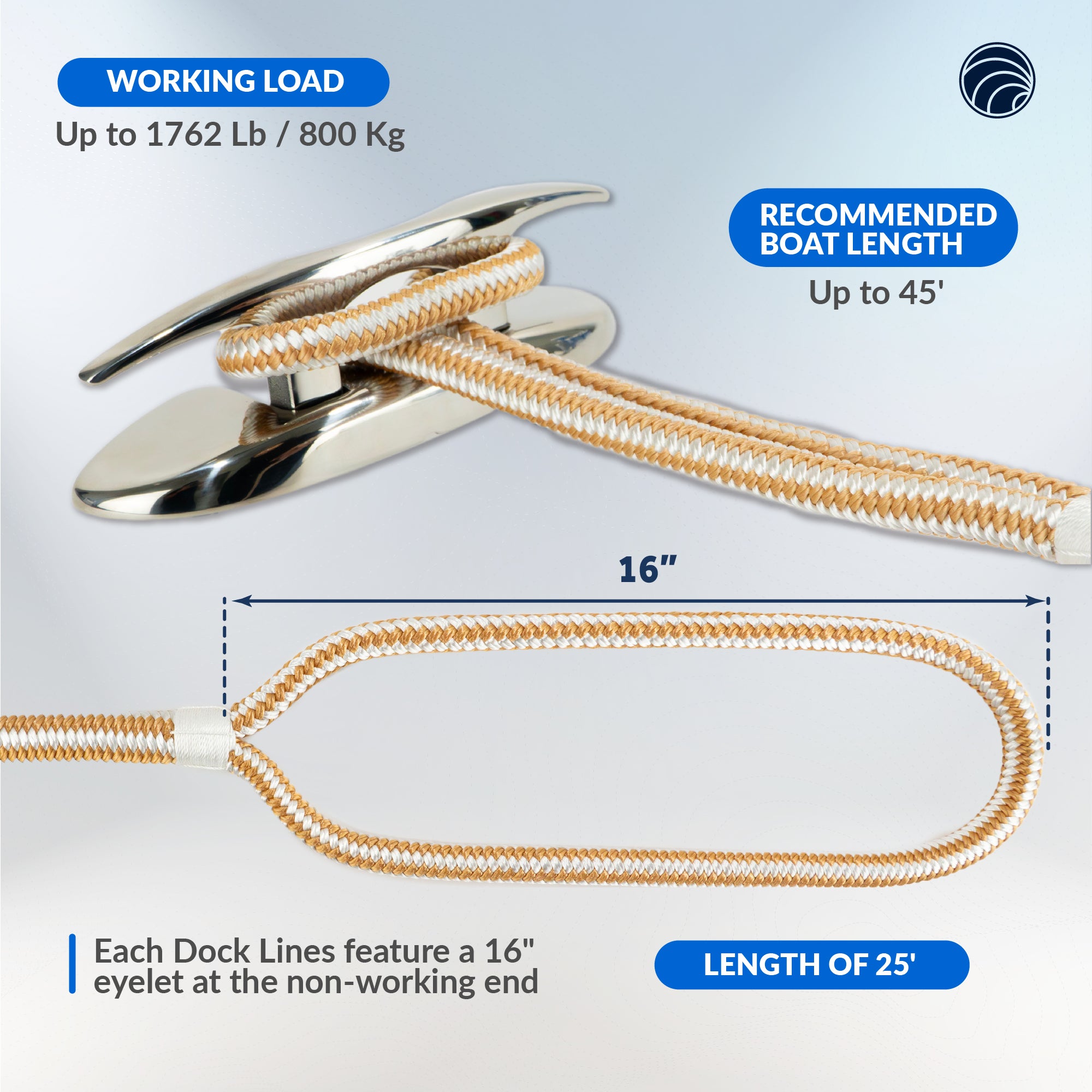 Dock Lines, 5/8" x 25', Gold/White Nylon Double Braided with 16" Eyelet, 4-pack - FO4276-M4