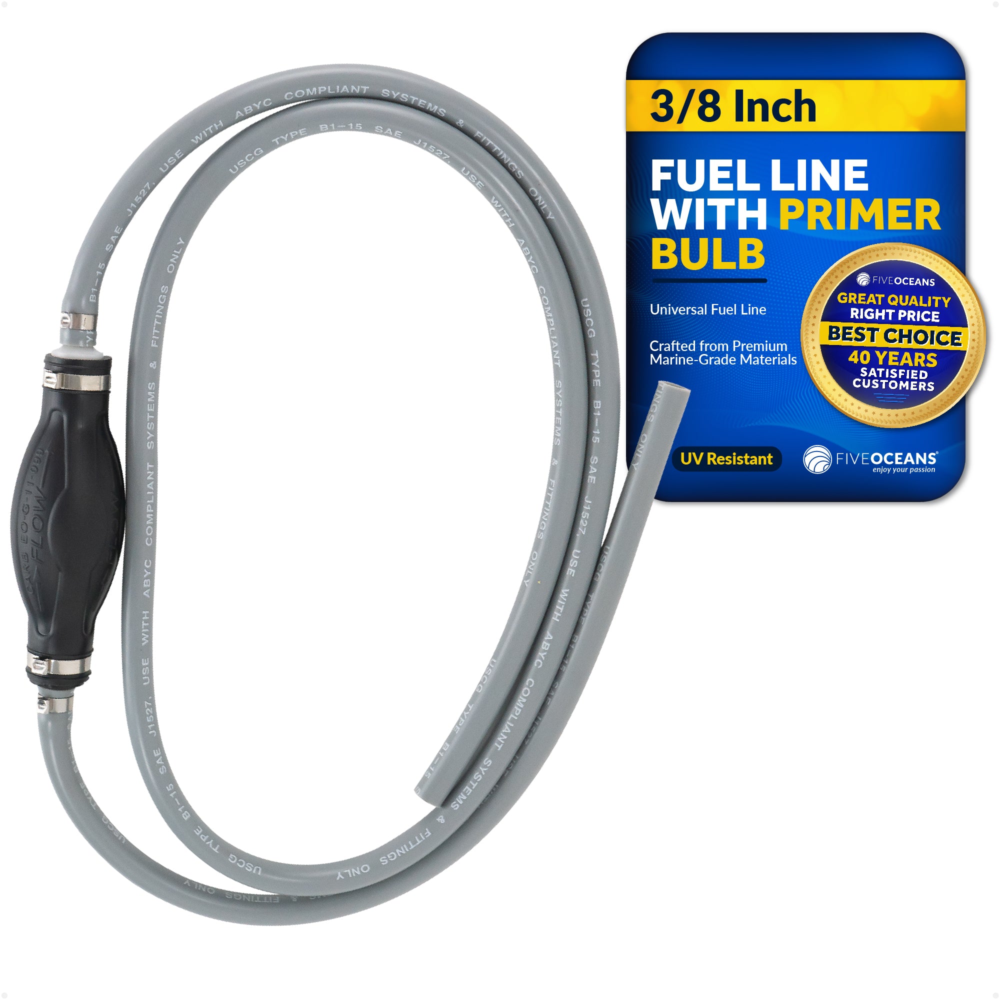 3/8" Universal Outboard Fuel Line with Primer Bulb, 6-Foot Long, 6' Long, EPA/CARB - FO4280 - Five Oceans