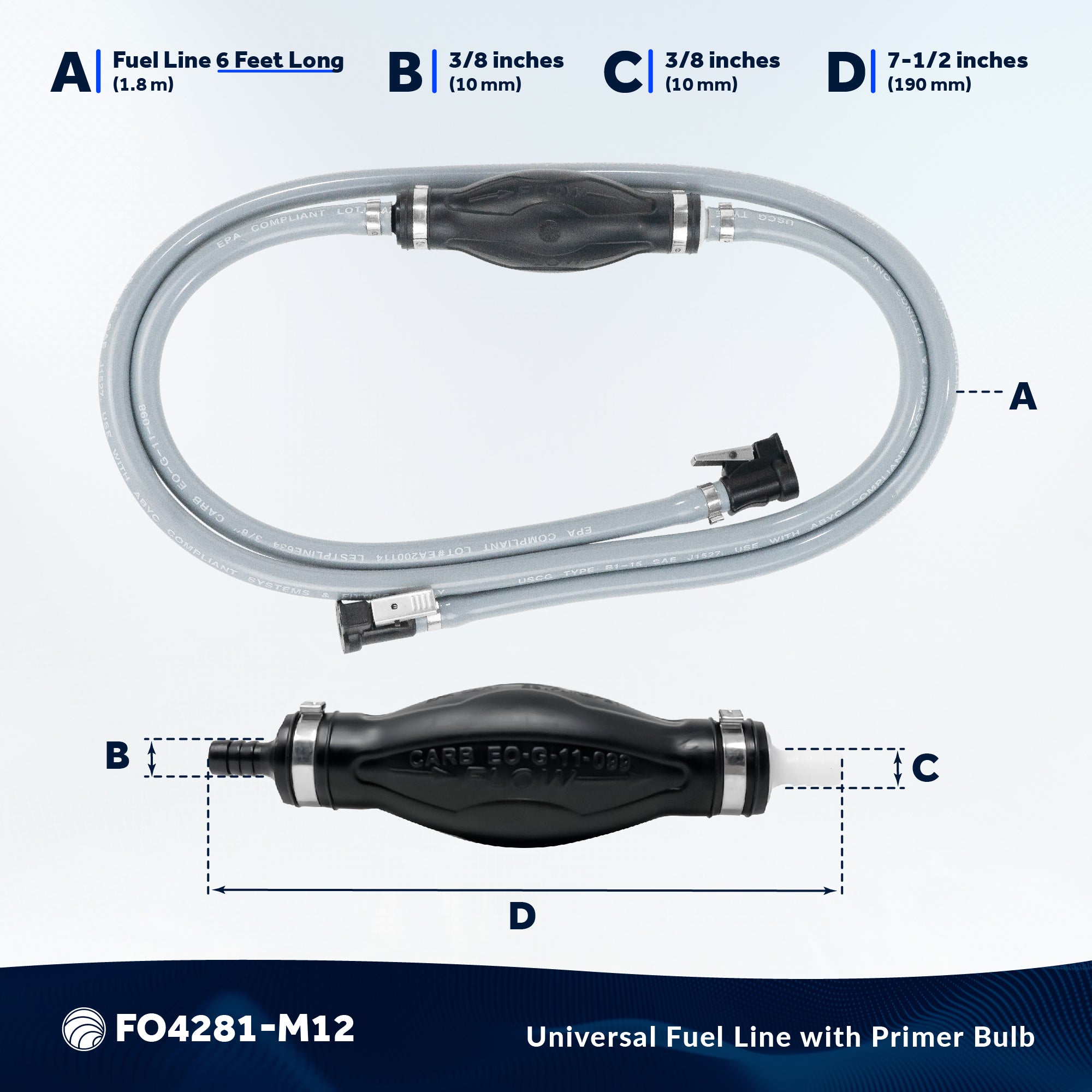 3/8" Outboard Motor Fuel Line with Bulb for OMC/Johnson/Evinrude, 6' Long, EPA/CARB, 12-Pack - F04282-M12