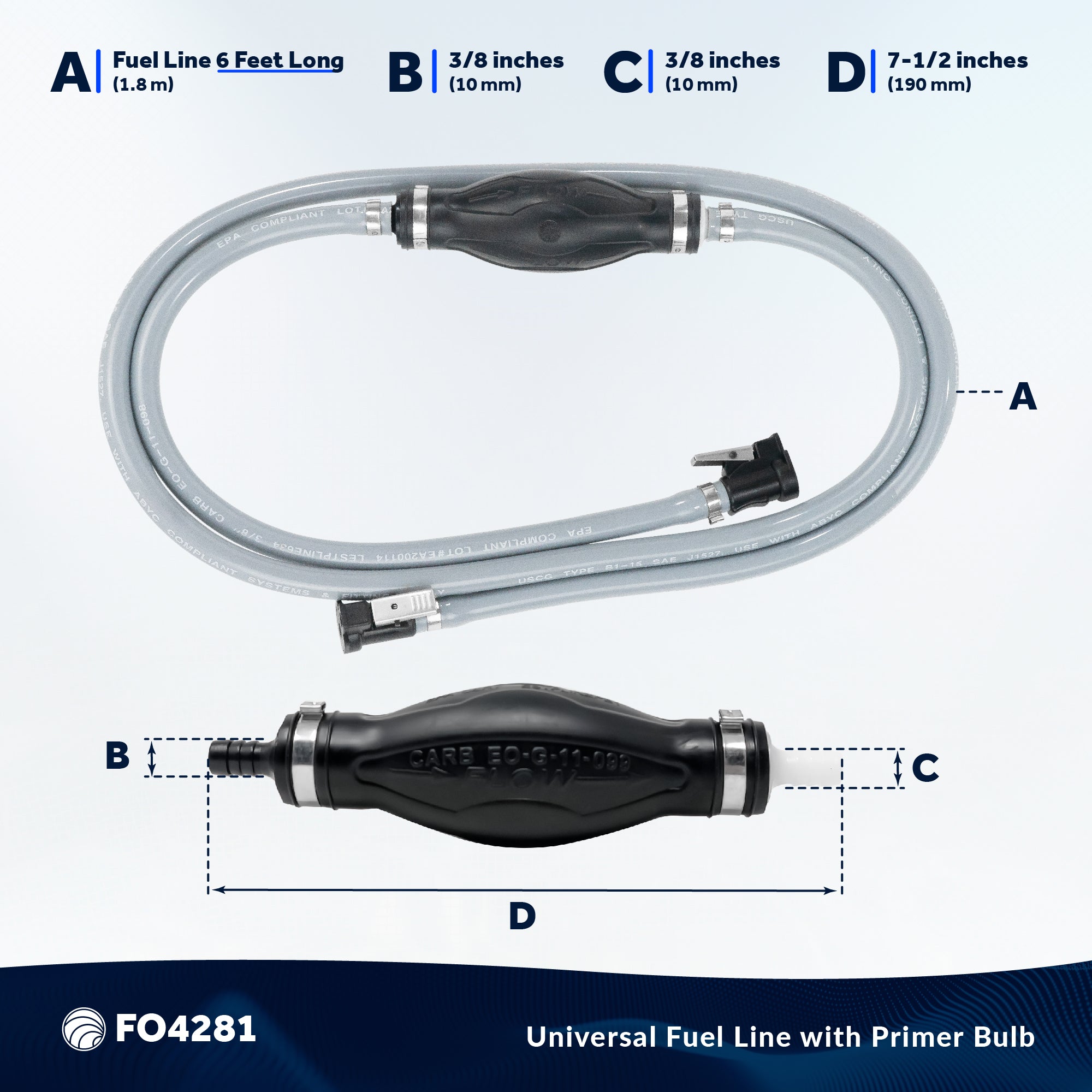 3/8" Outboard Motor Fuel Line with Primer Bulb for OMC/Johnson/Evinrude, 6' Long, EPA/CARB - FO4281