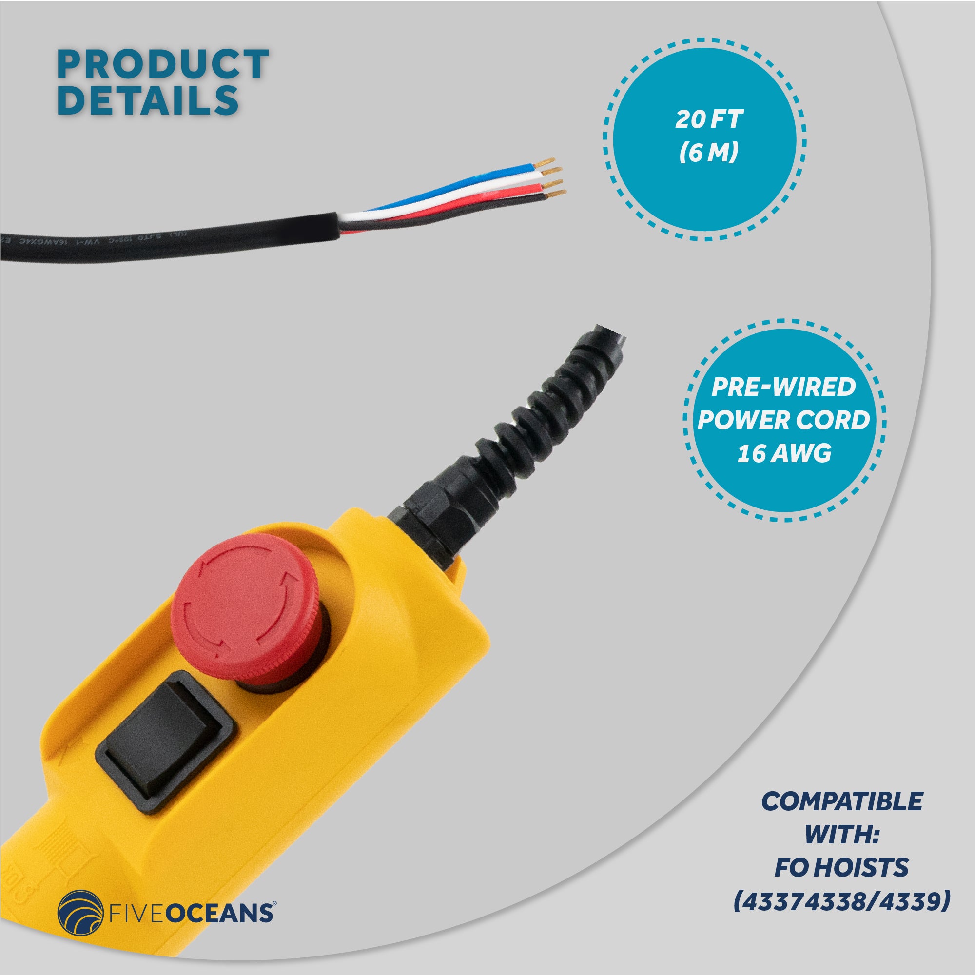 Electric Hoist Remote Control, 20' Cable Lenght - FO4319 - Five Oceans