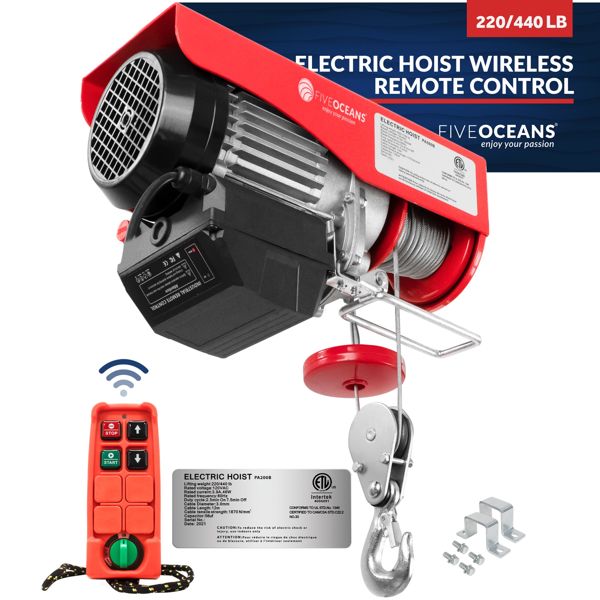 Electric Hoist, 440 Lb Electric Winch, Wireless Remote Control 110V - FO4400