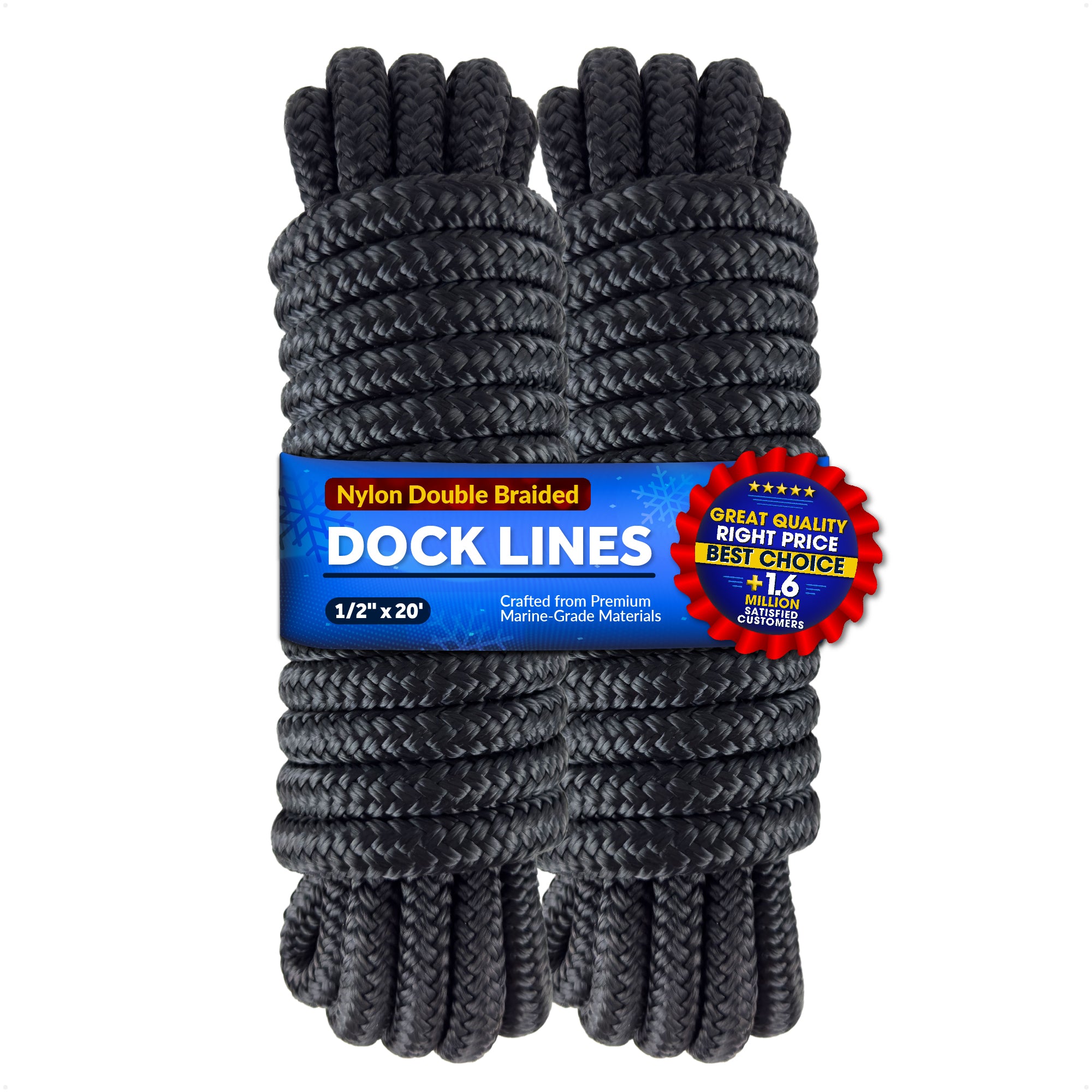 Dock Lines, 1/2" x 20', Black Nylon Double Braided with 12" Eyelet, 2-Pack - FO4451-M2