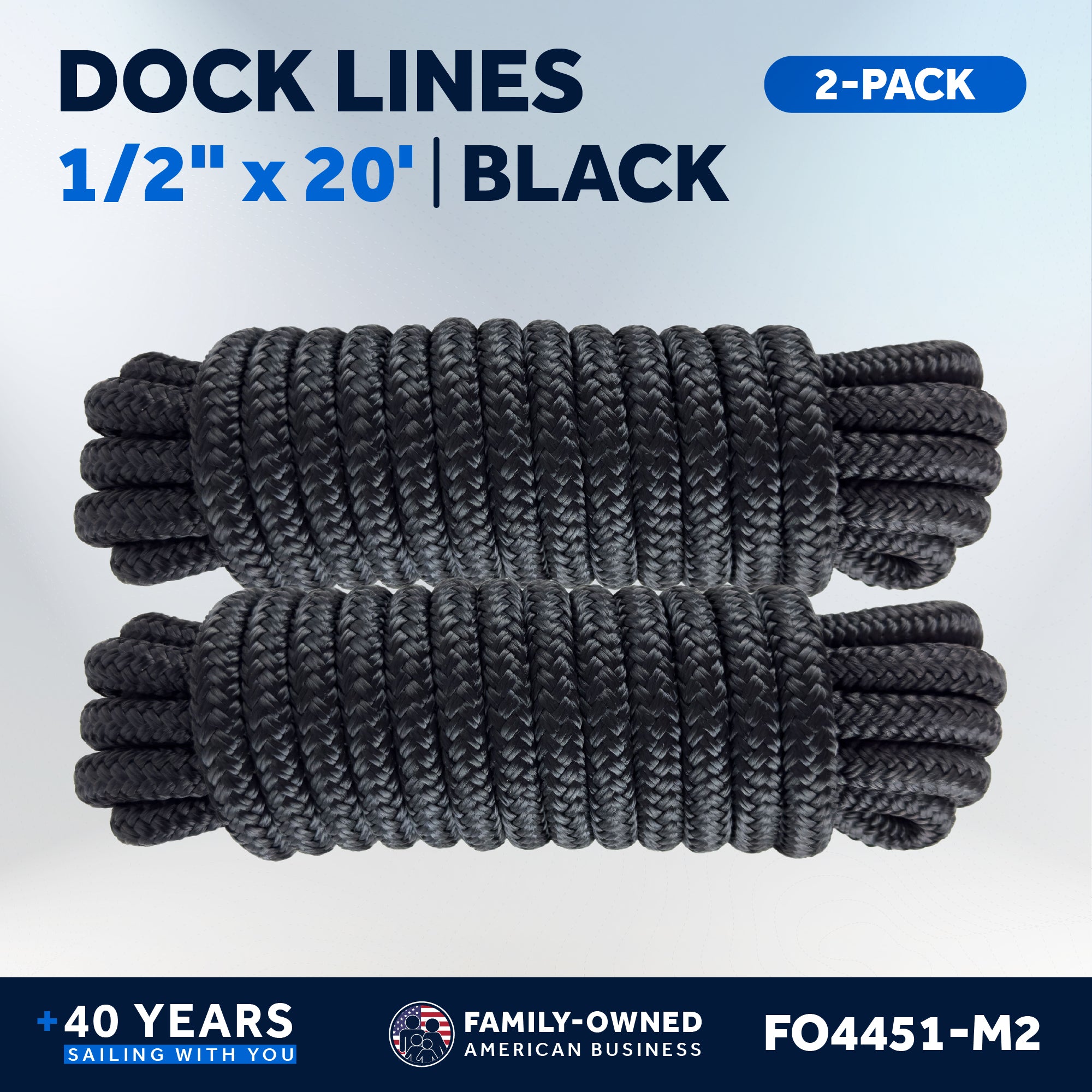 Dock Lines, 1/2" x 20', Black Nylon Double Braided with 12" Eyelet, 2-Pack - FO4451-M2