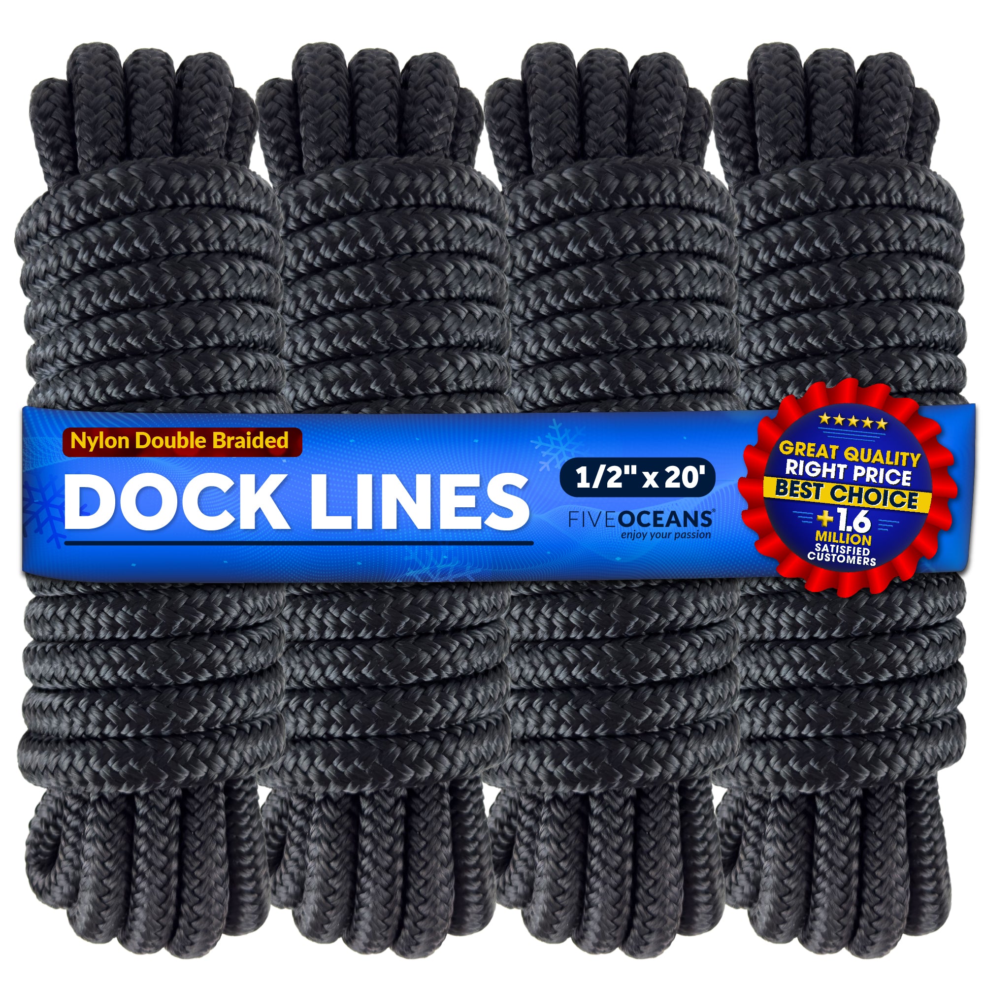 Dock Lines, 1/2" x 20', Black Nylon Double Braided with 12" Eyelet, 4-Pack - FO4451-M4