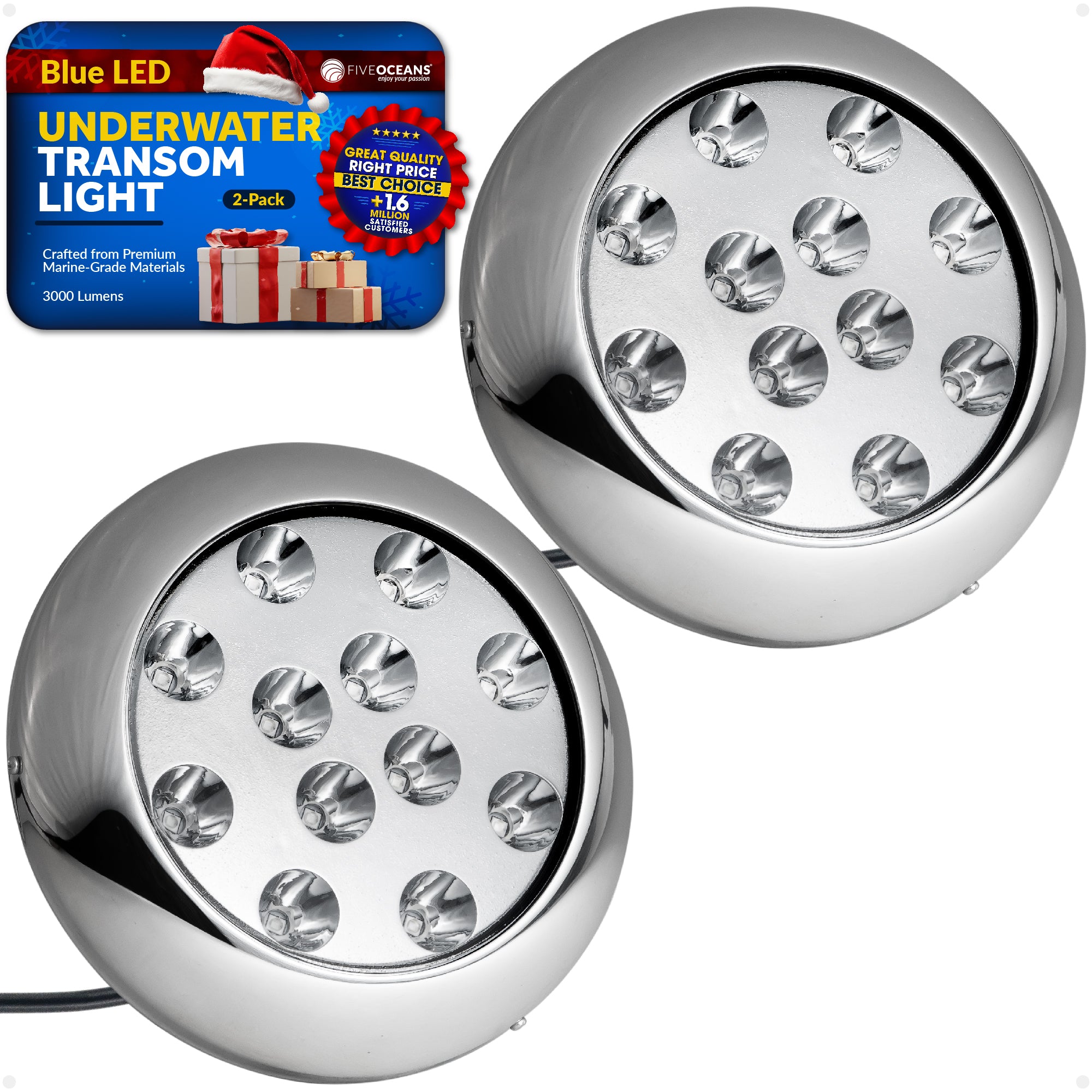 LED Underwater Transom Light, Stainless Steel Bezel, Blue, 2-Pack - FO4461-M2