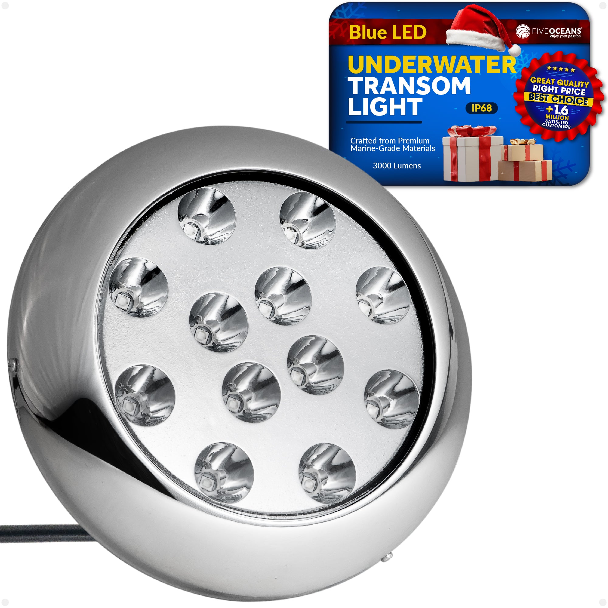 LED Underwater Transom Light, Stainless Steel Bezel, Blue - FO4461