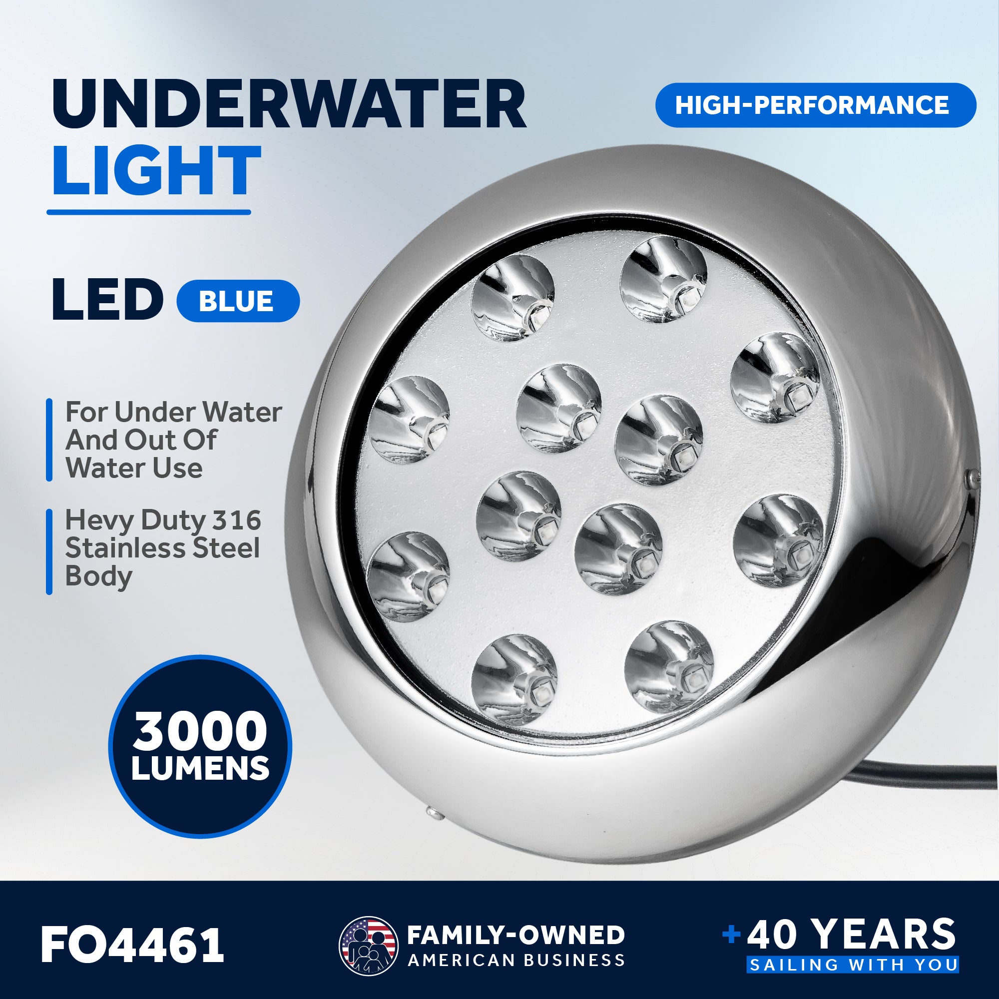 LED Underwater Transom Light, Stainless Steel Bezel, Blue - FO4461