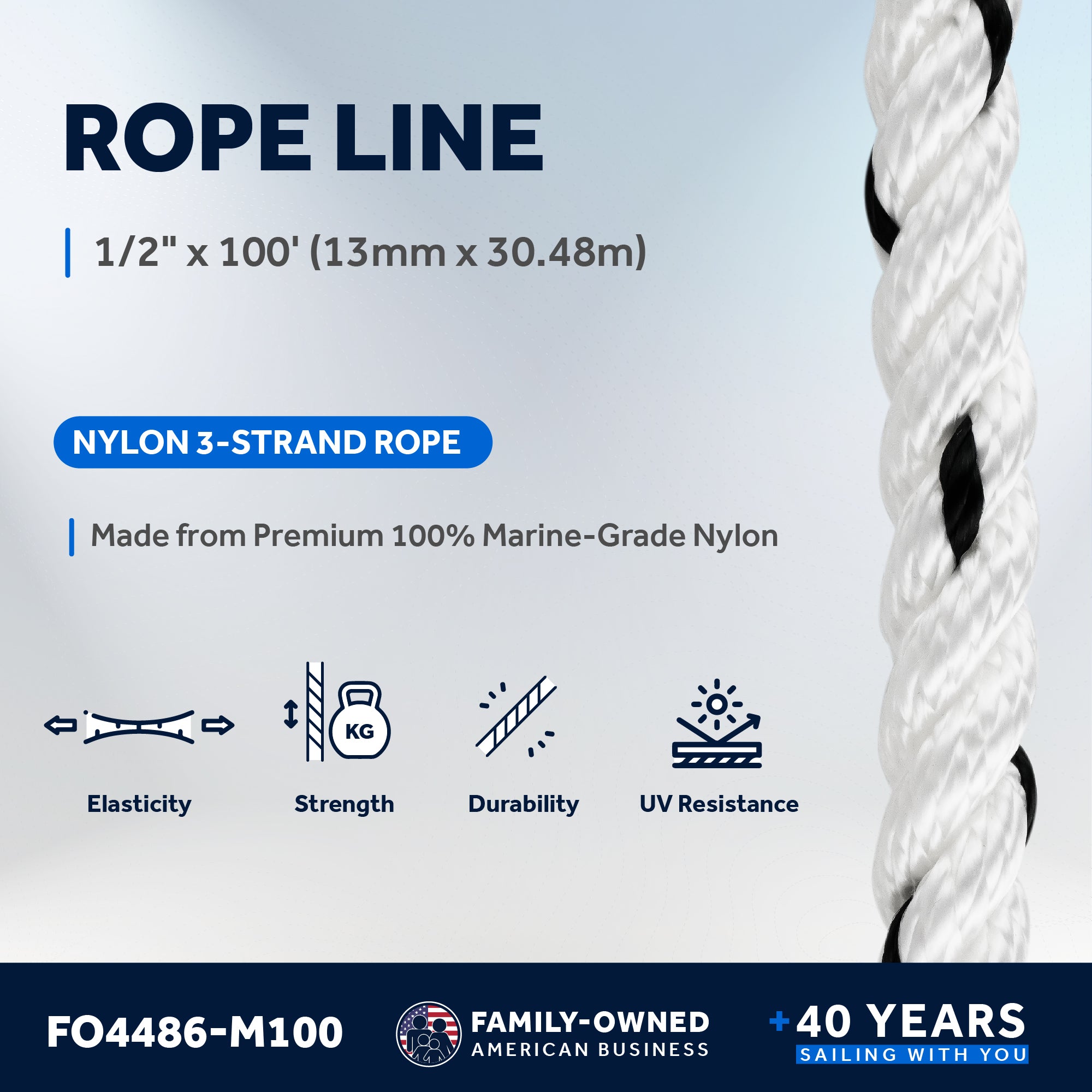 Boat Anchor Rope 1/2" x 100', 3-Strand Nylon - FO4486-M100