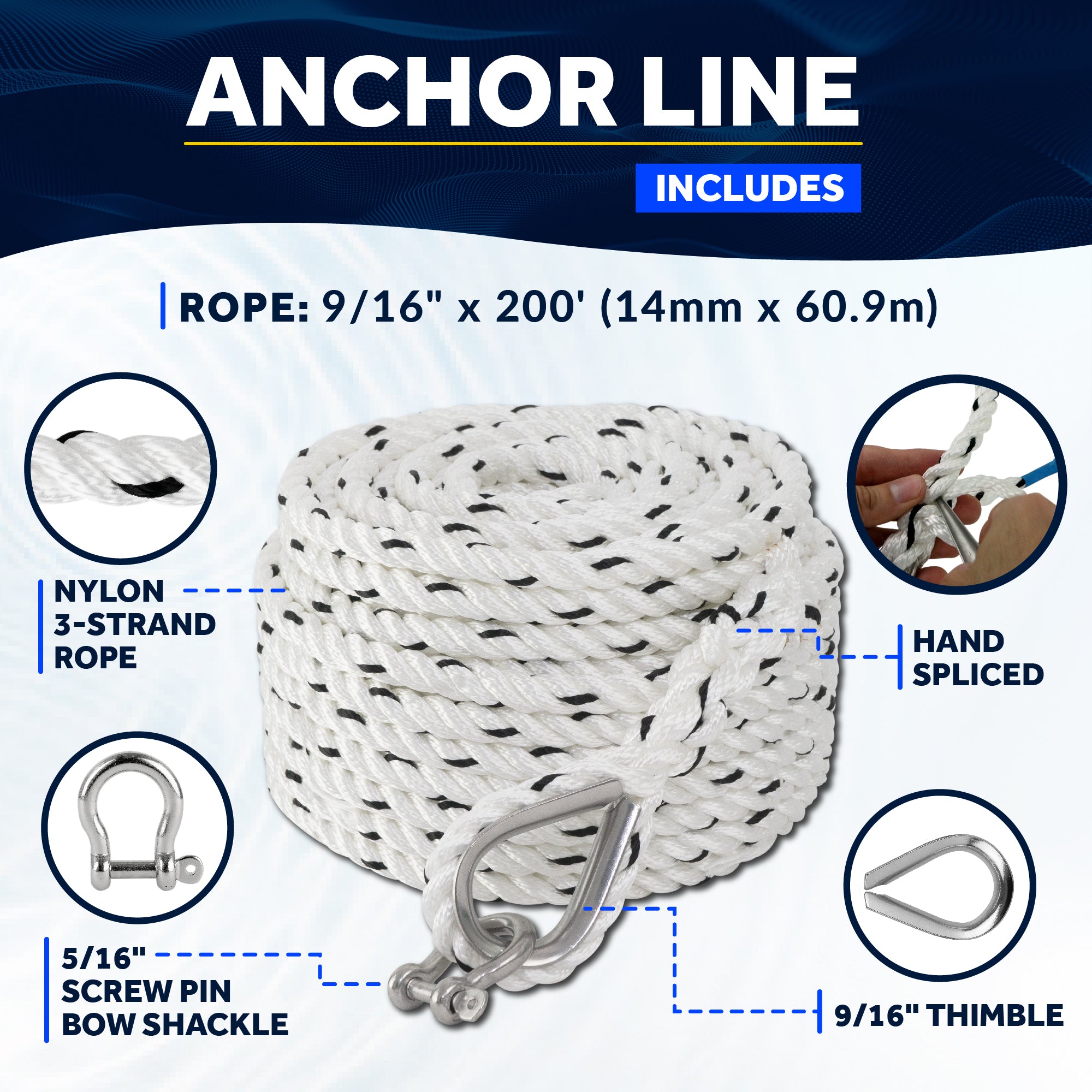 Anchor Line 9/16" x 200', 3-Strand Nylon, Spliced - FO4487-C200