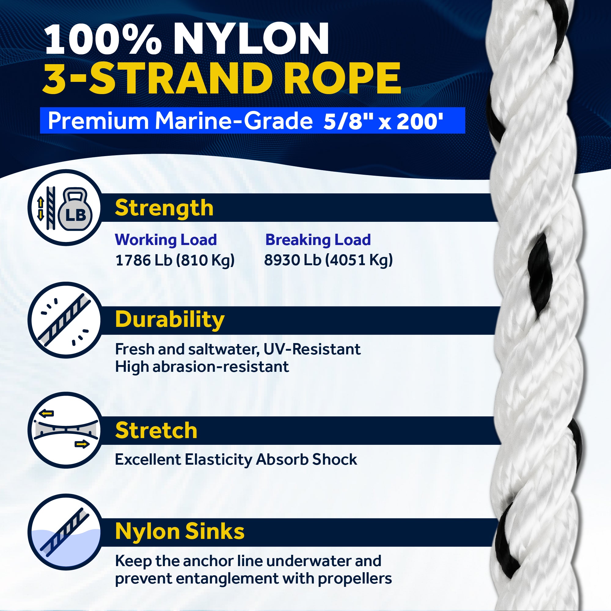 Anchor Line 5/8" x 200', 3-Strand Nylon, Spliced - FO4488-C200