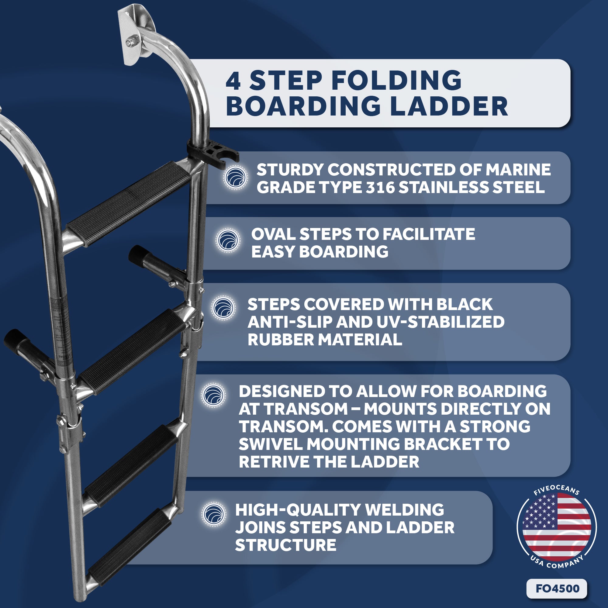 4 Step Boat Folding Ladder, Stainless Steel - FO4500