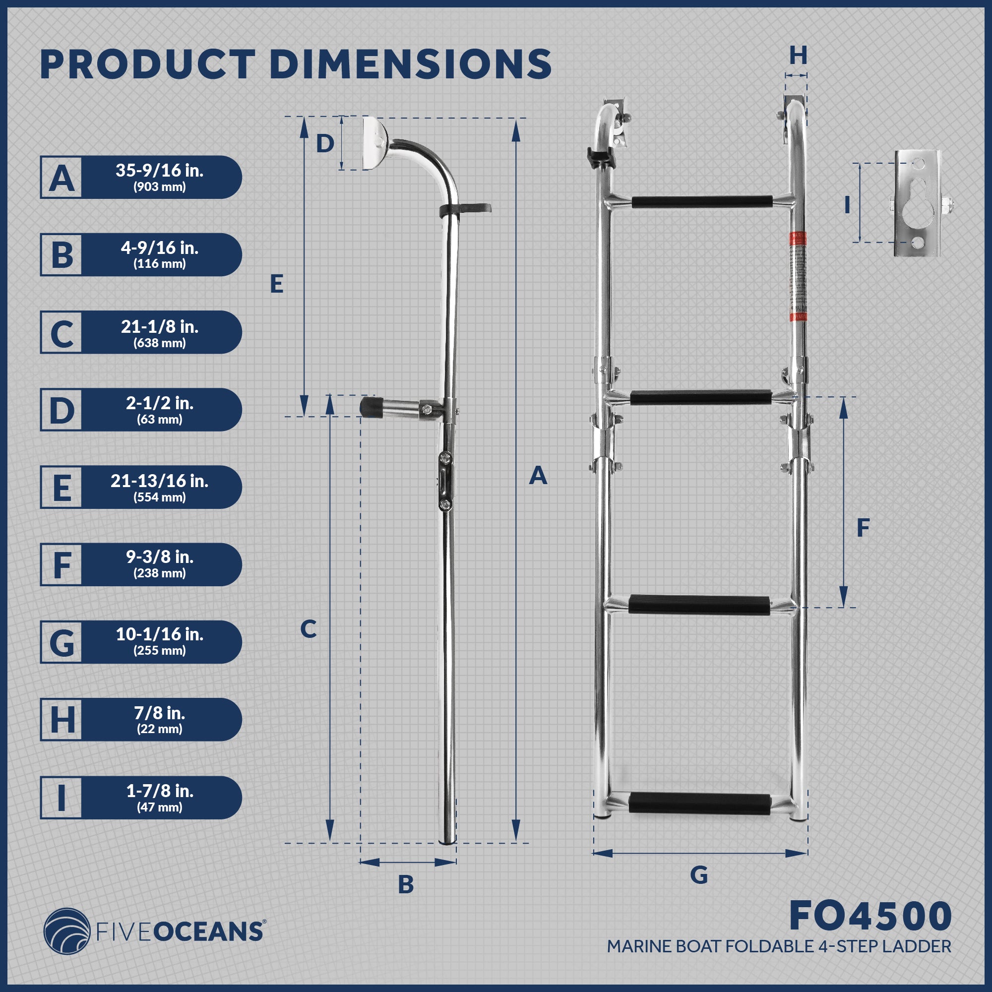 4 Step Boat Folding Ladder, Stainless Steel - FO4500