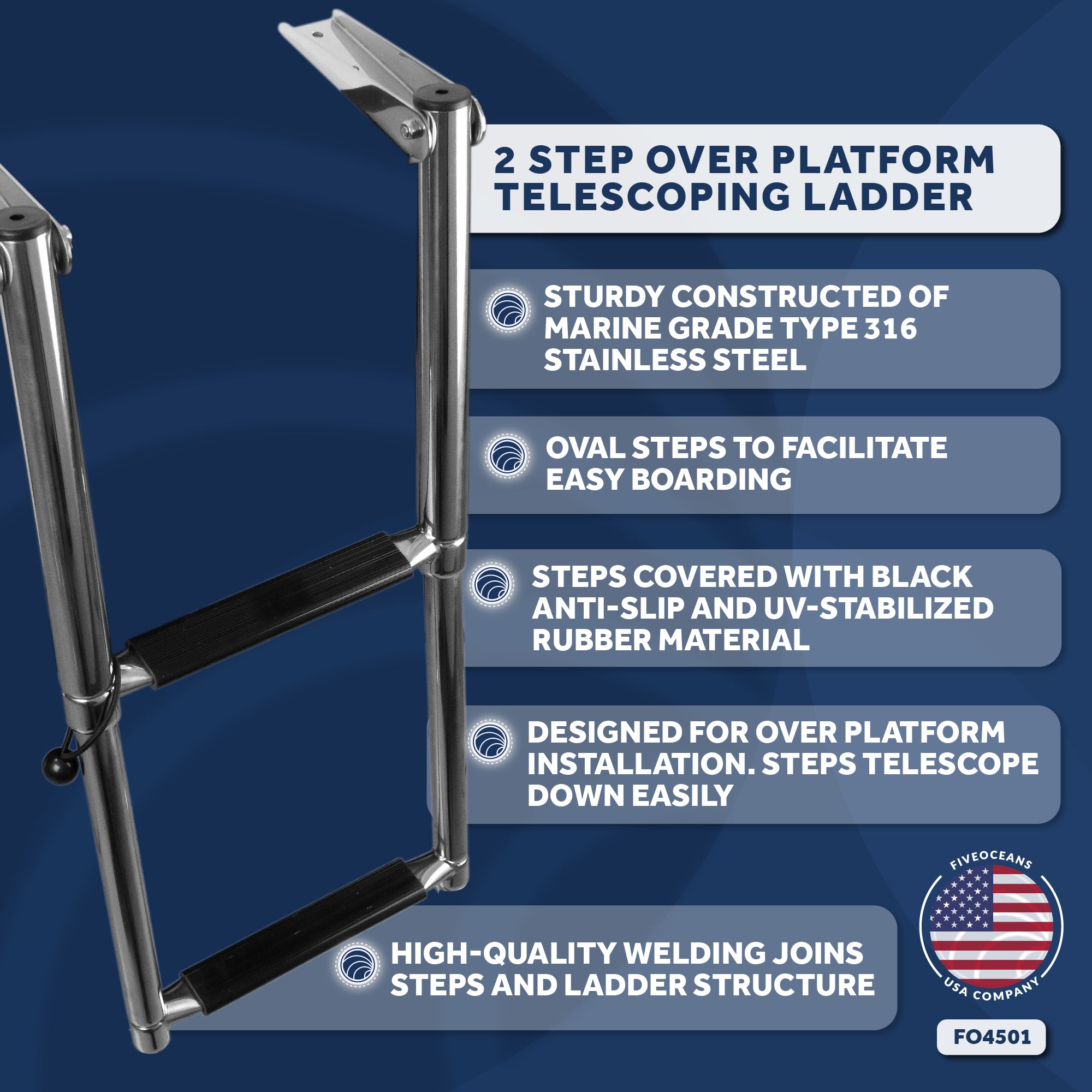 2 Step Boat Over Platform Telescoping Ladder, Stainless Steel - FO4501