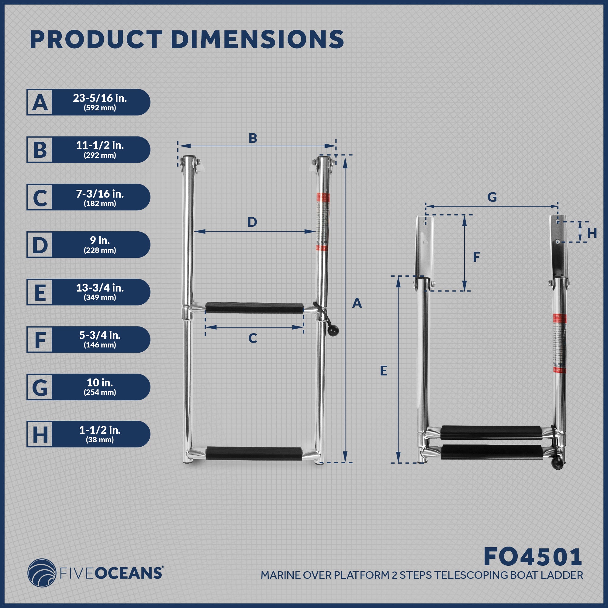 2 Step Boat Over Platform Telescoping Ladder, Stainless Steel - FO4501