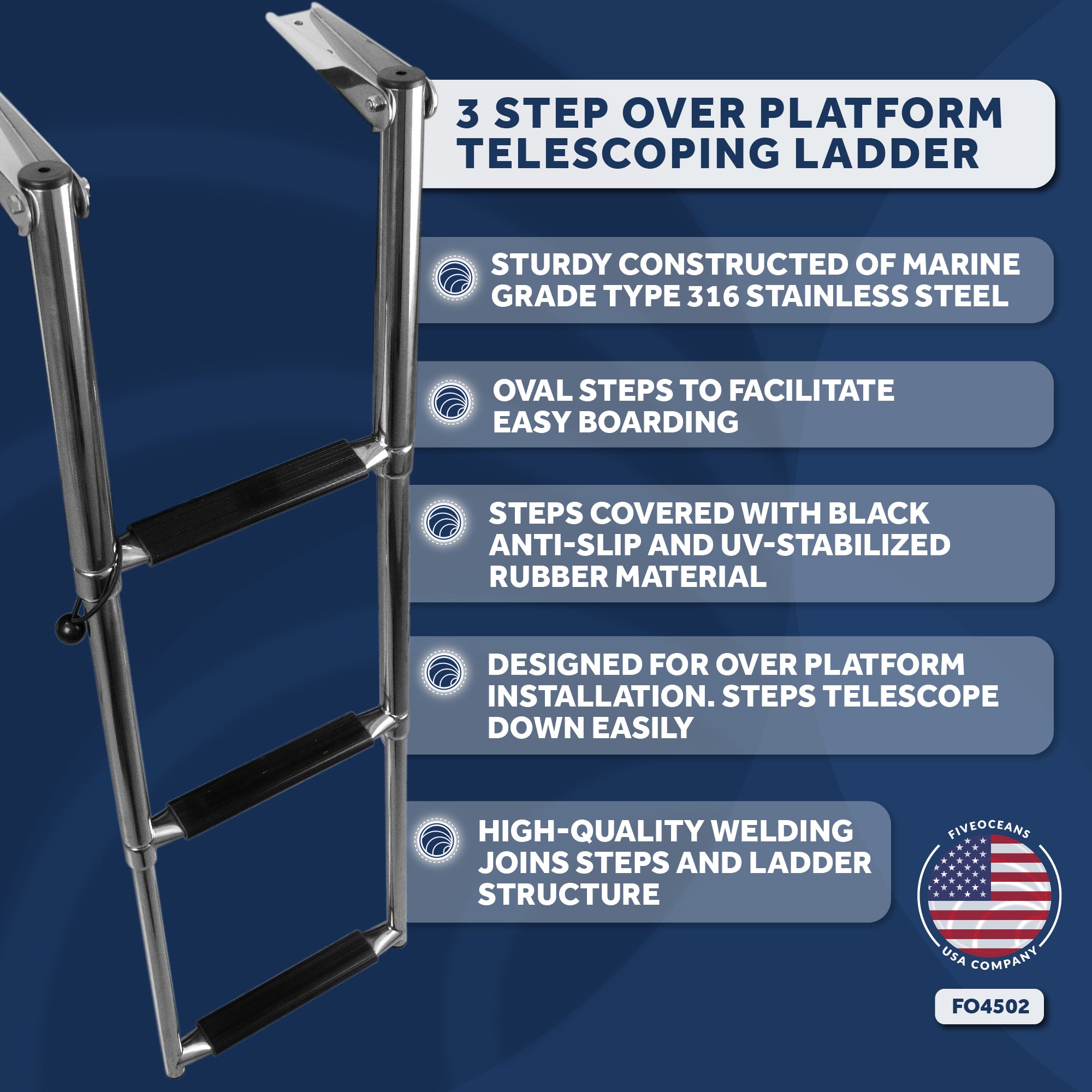 3 Step Boat Over Platform Telescoping Ladder, Stainless Steel - FO4502