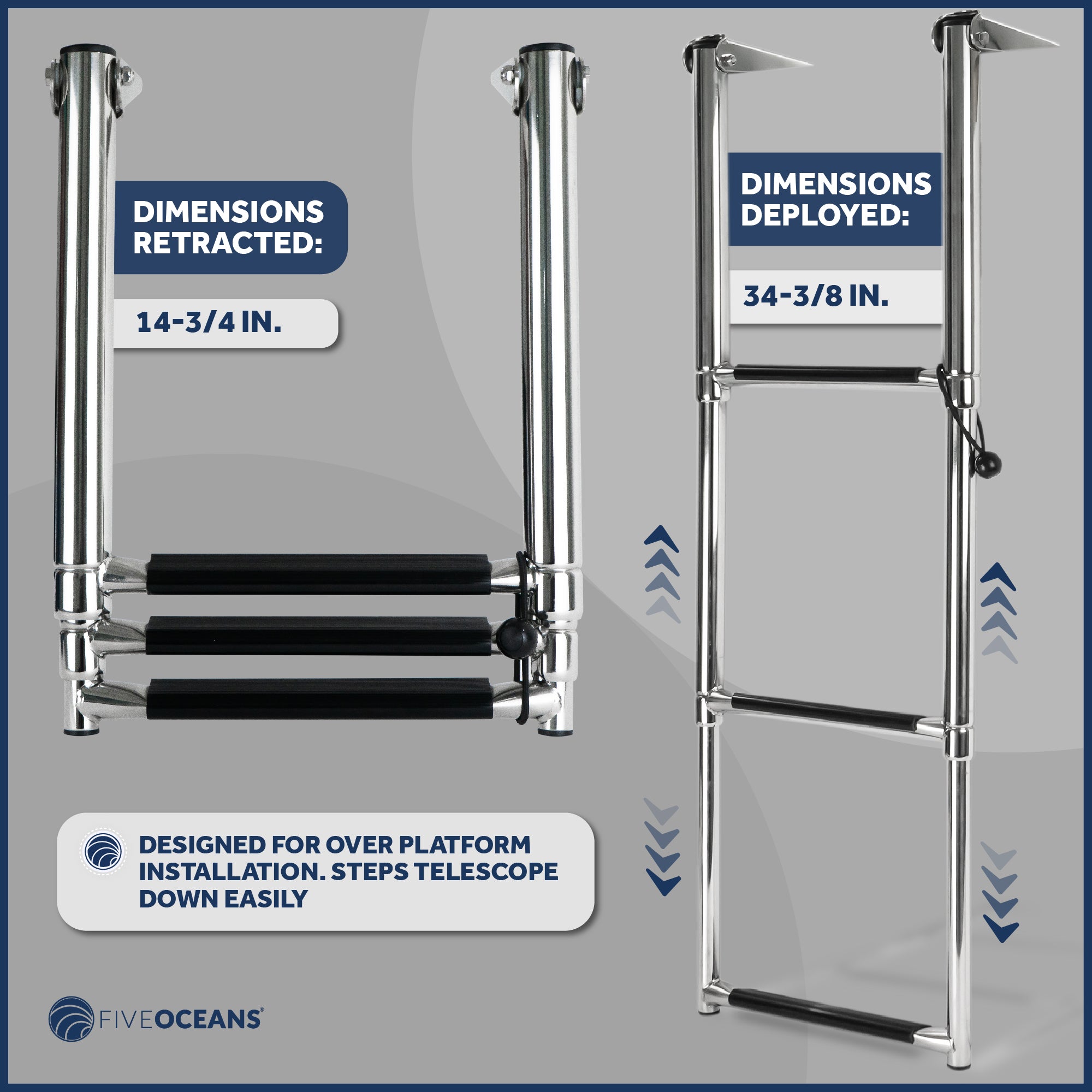 3 Step Boat Over Platform Telescoping Ladder, Stainless Steel - FO4502