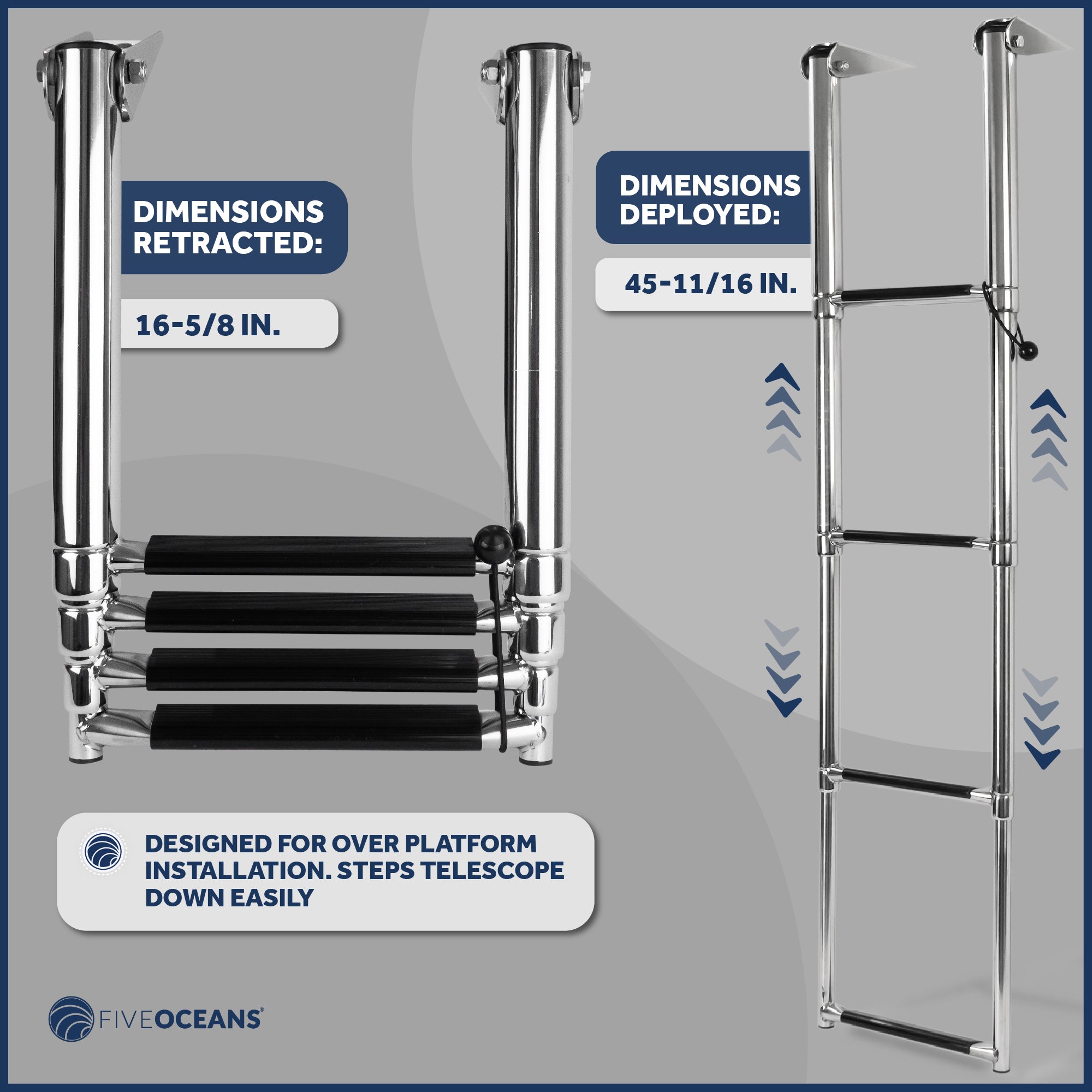 4 Step Boat Over Platform Telescoping Ladder, Stainless Steel - FO4503