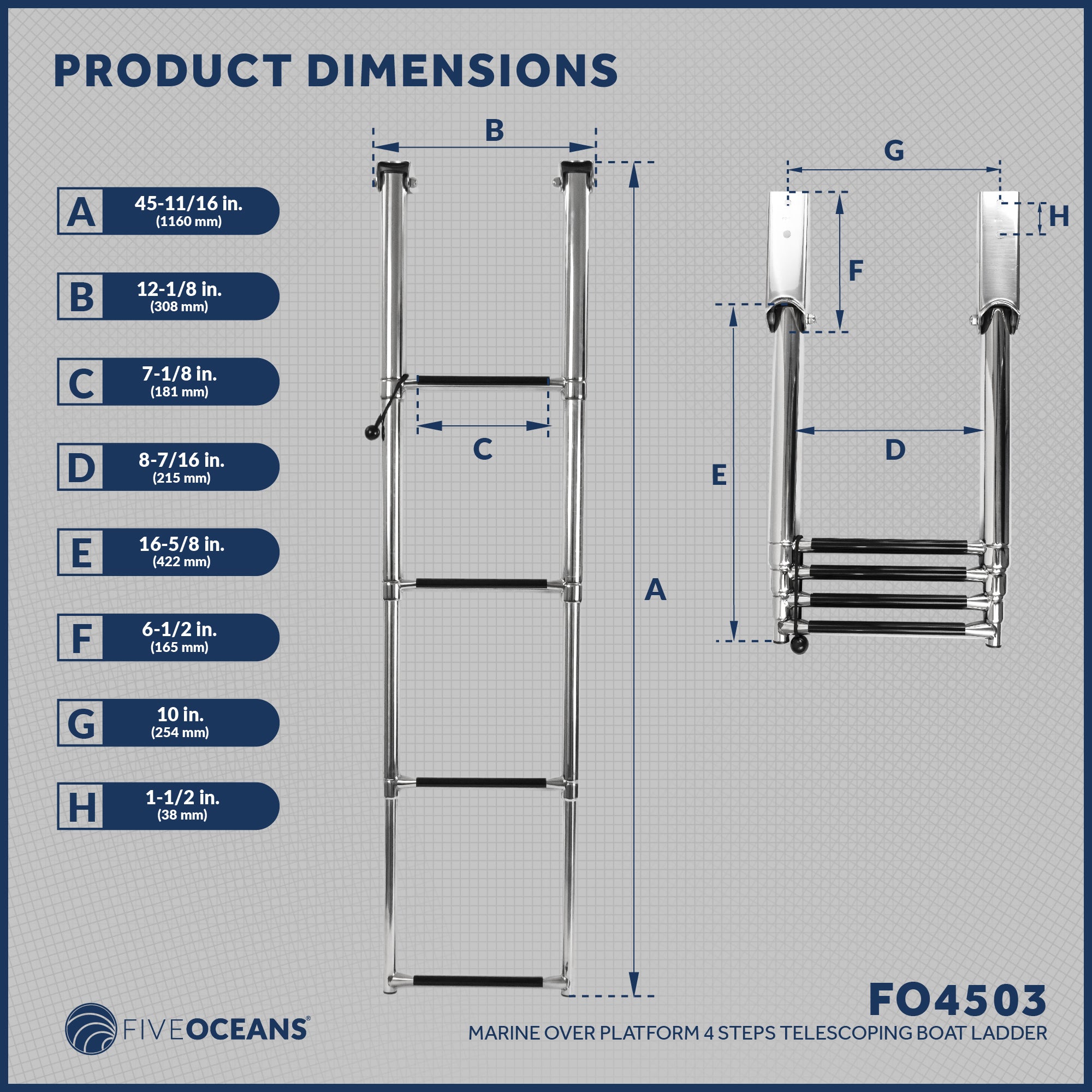 4 Step Boat Over Platform Telescoping Ladder, Stainless Steel - FO4503