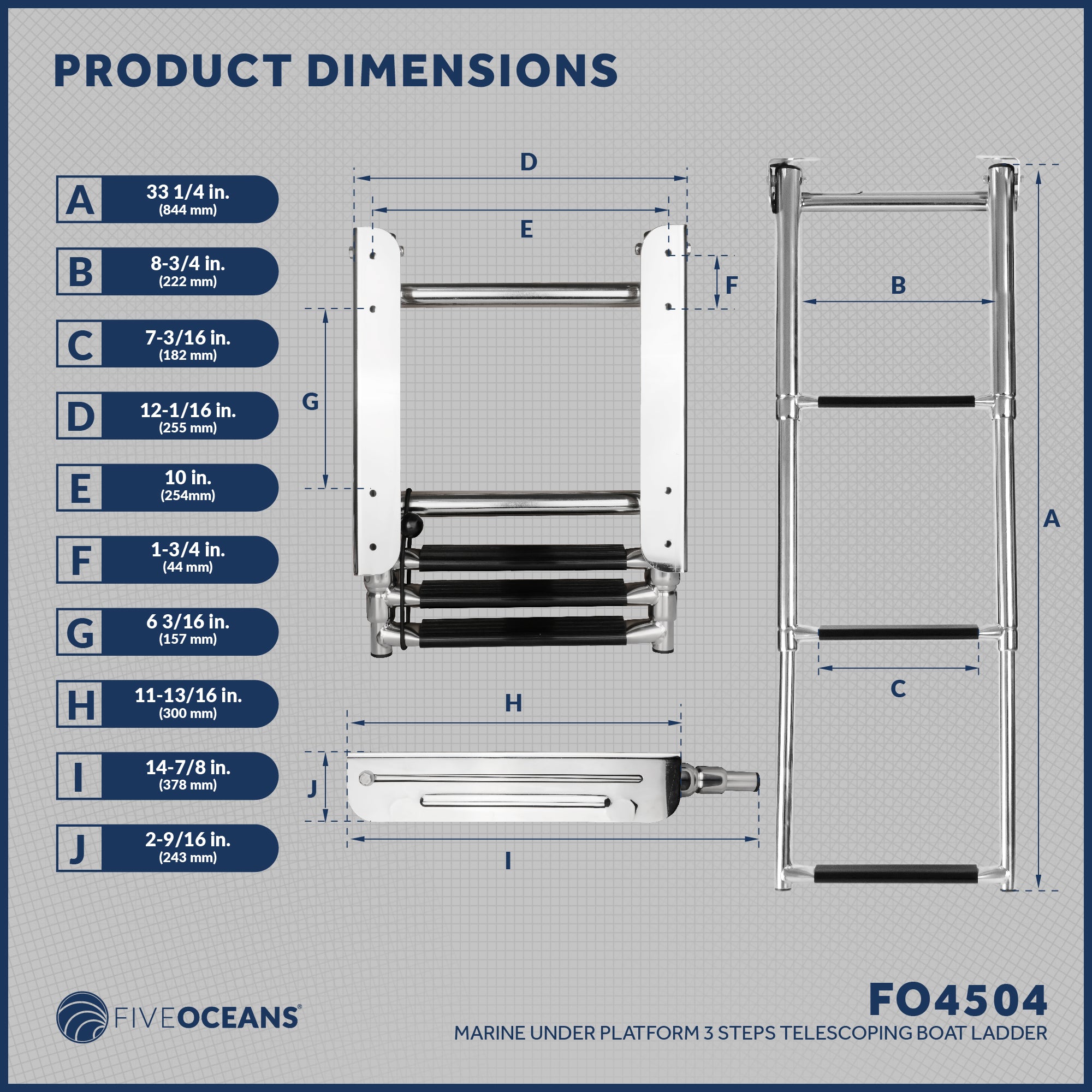 3 Step Boat Under Platform Telescoping Ladder, Stainless Steel - FO4504