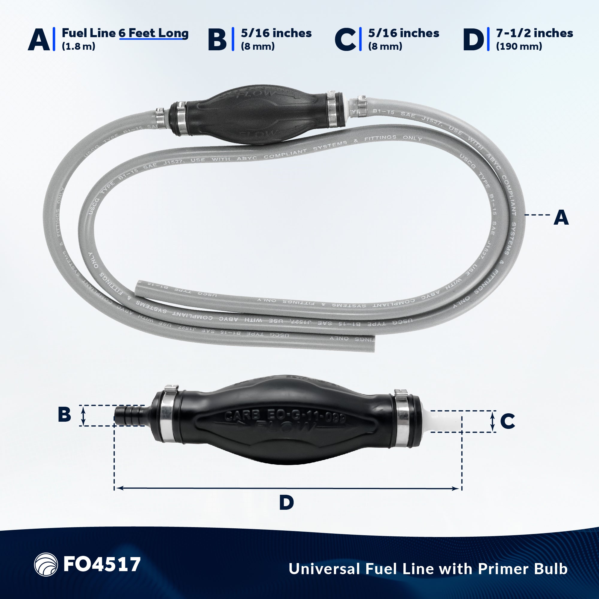 5/16" Universal Outboard Fuel Line with Primer Bulb, 6-Foot Long, 6' Long, EPA/CARB - FO4517