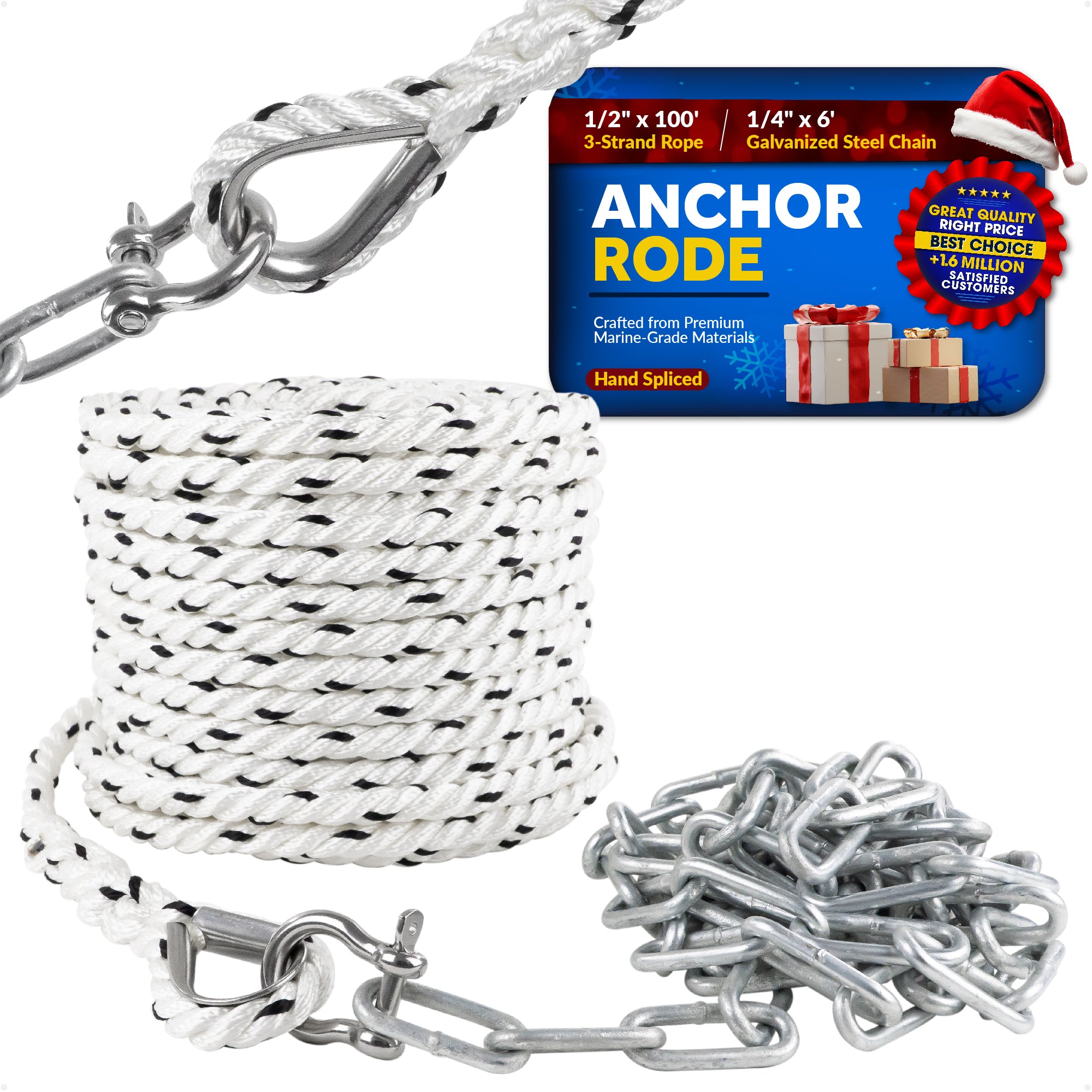 Anchor Rode, 1/2" x 100' Nylon 3-Strand Rope, 1/4" x 6' Hot Dipped Galvanized Steel Chain - FO4521