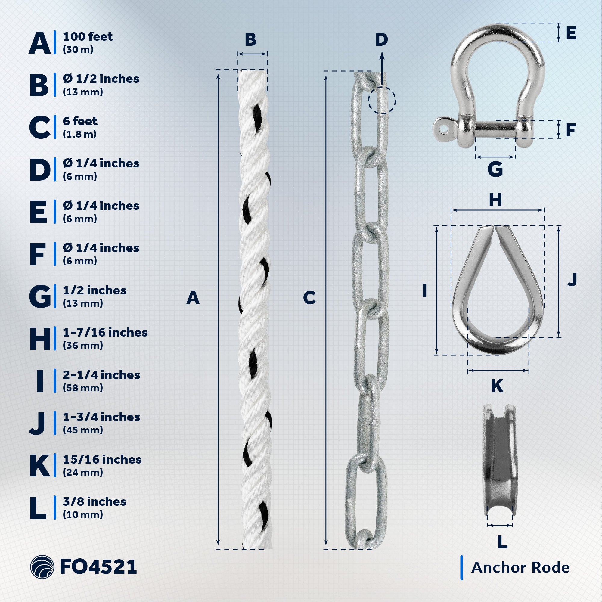 Anchor Rode, 1/2" x 100' Nylon 3-Strand Rope, 1/4" x 6' Hot Dipped Galvanized Steel Chain - FO4521