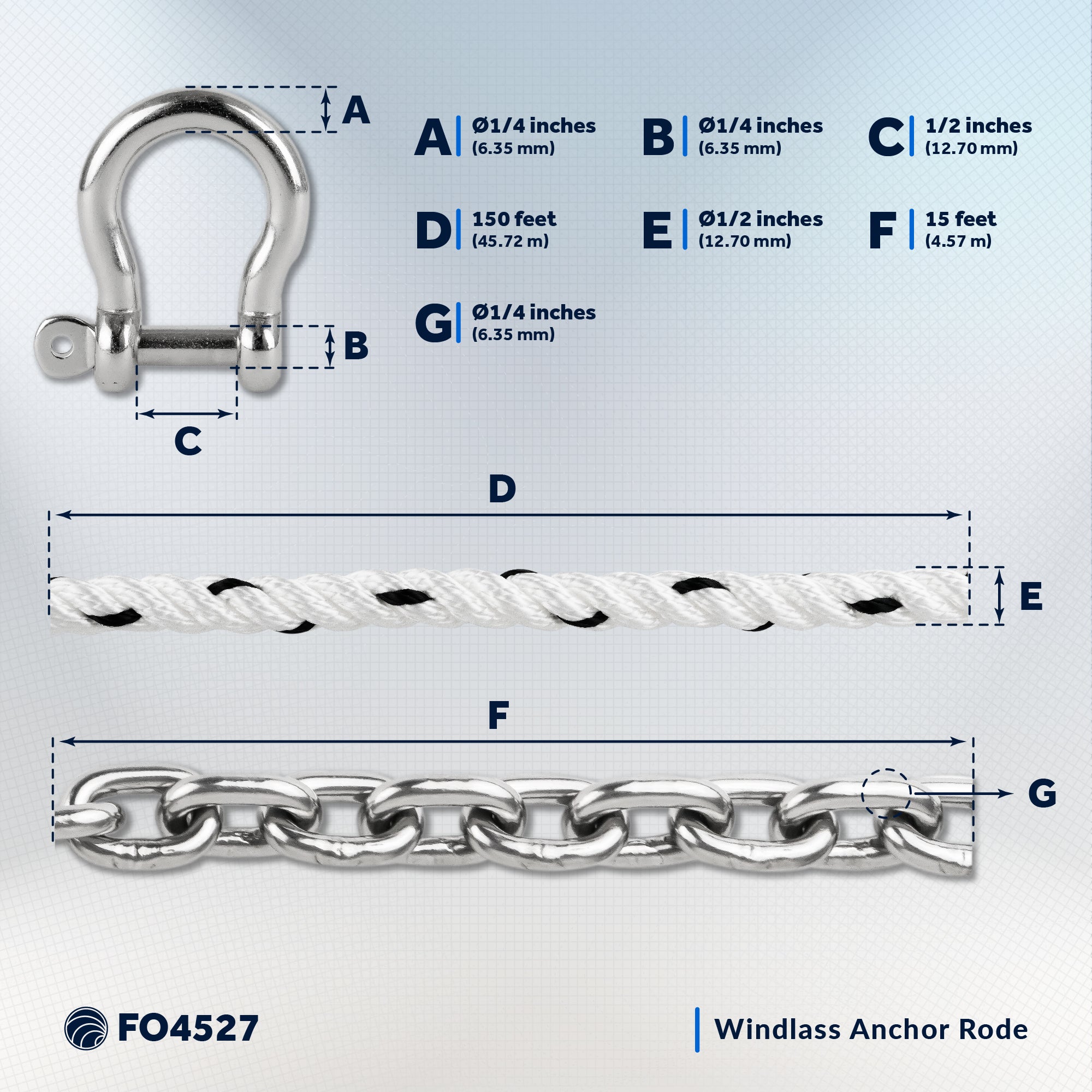 Windlass Anchor Rode, 1/2" x 150' Nylon 3-Strand Rope, 1/4 x 15' G4 Stainless Steel Chain - FO4527