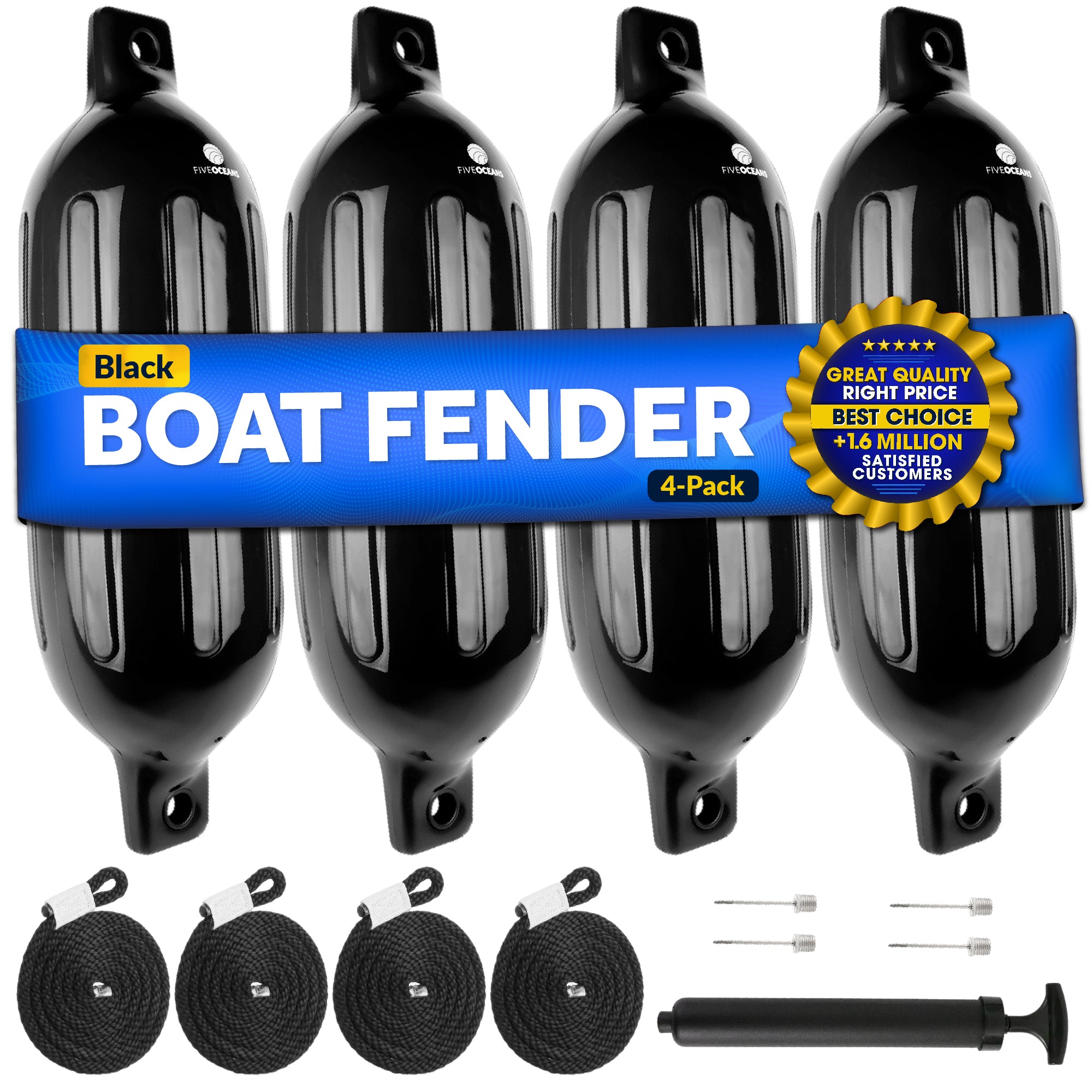 Boat Fenders, 4 Pack Black 4.5" x 16" - FO4537