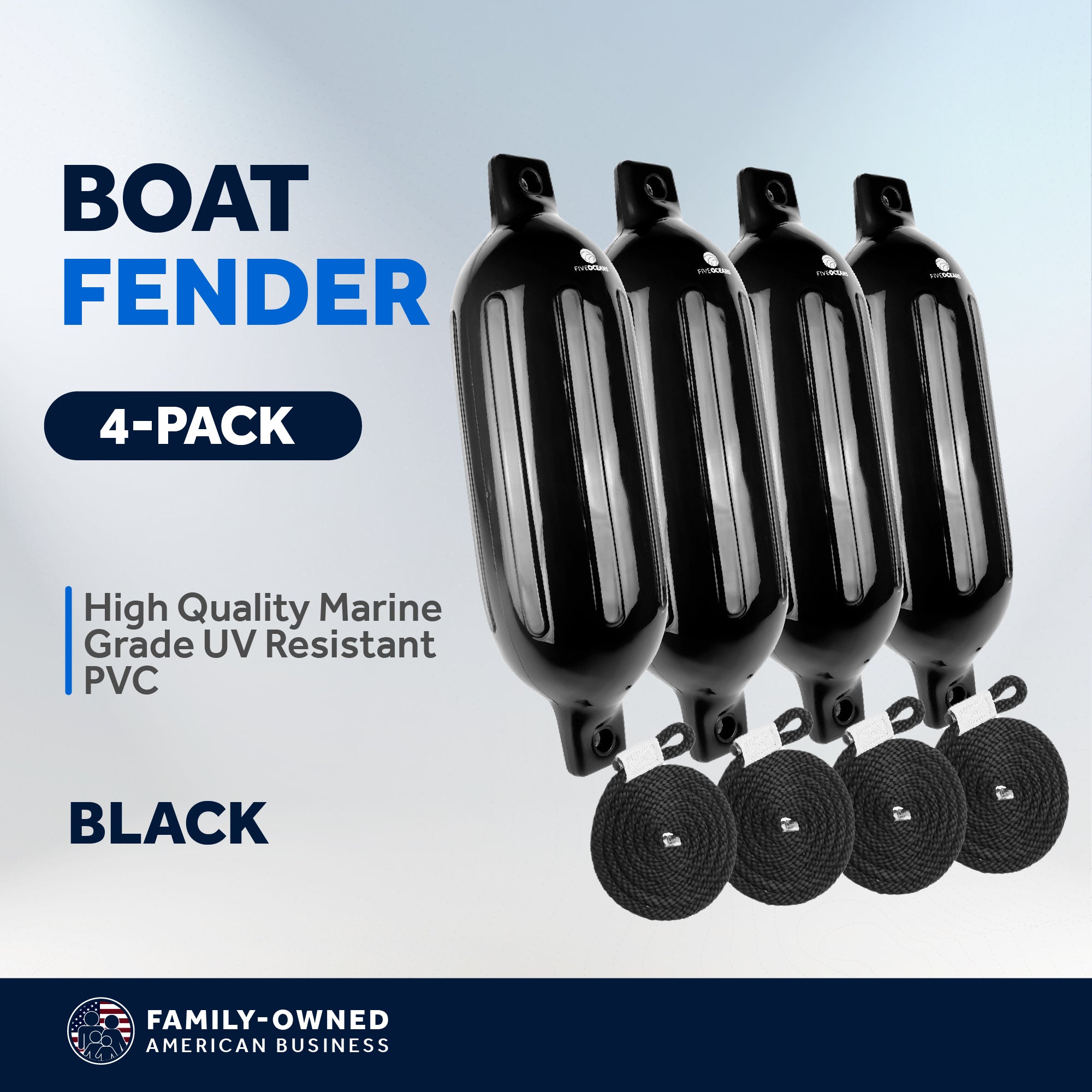 Boat Fenders, 4 Pack Black 4.5" x 16" - FO4537