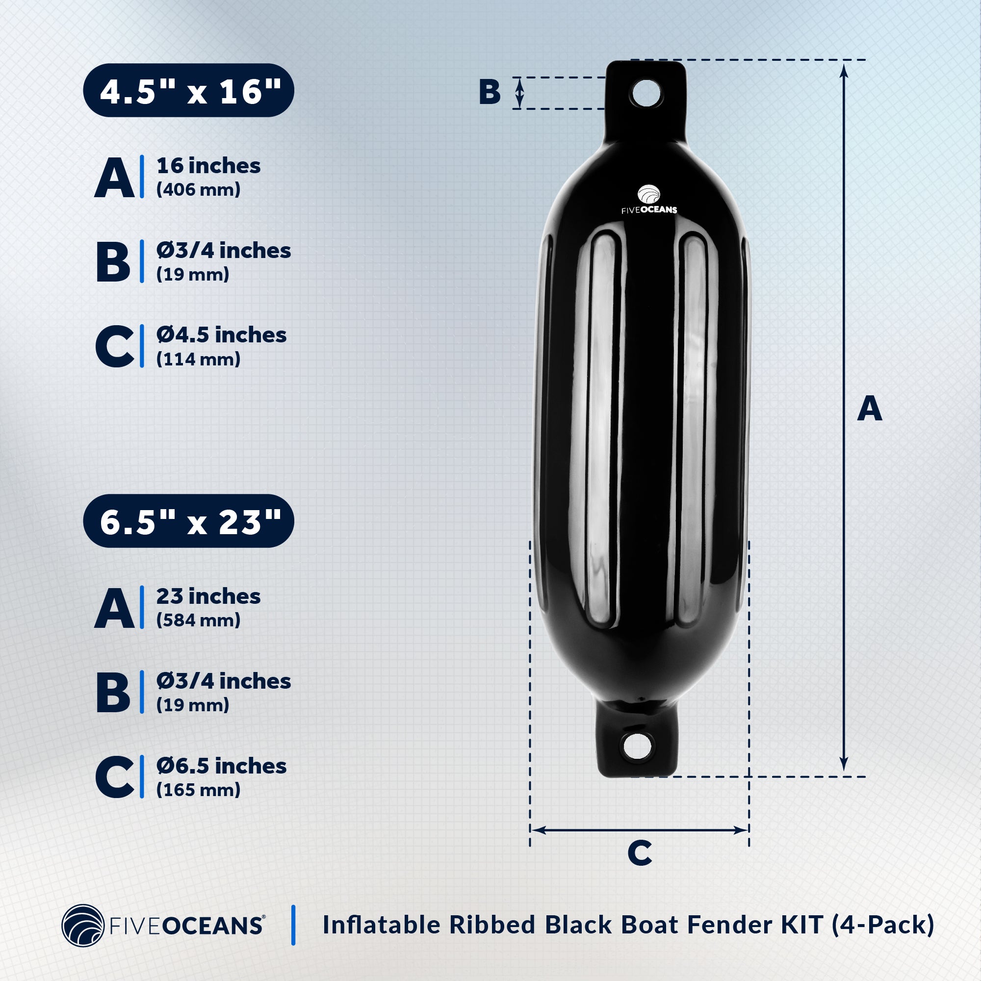 Boat Fenders, 4 Pack Black 4.5" x 16" - FO4537