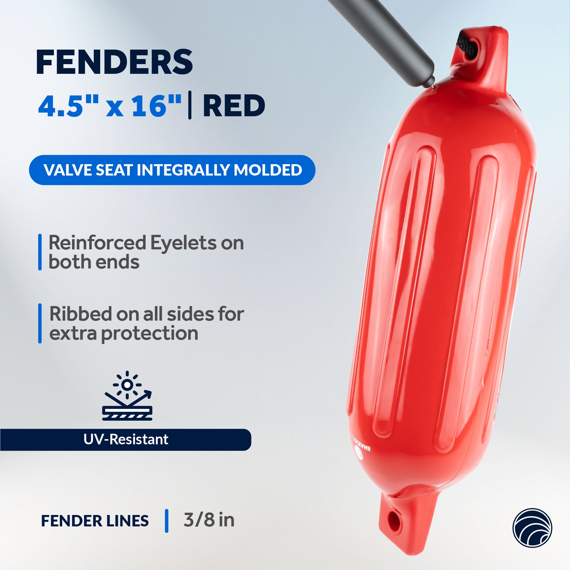 Boat Fenders Complete Set, Red 4.5" x 16", Includes Dock Lines and Fender Clips - FO4538-C1