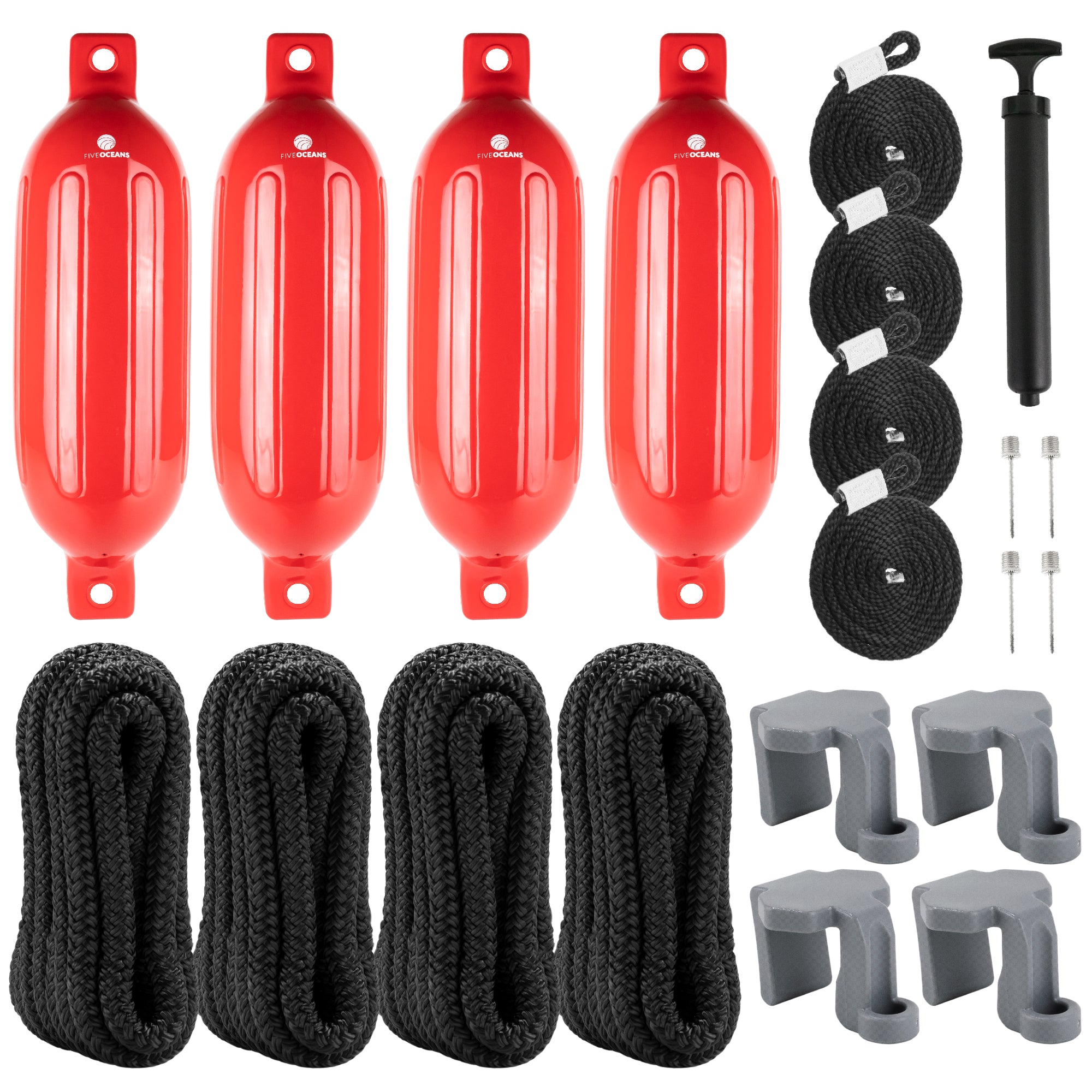 Boat Fenders Complete Set, Red 4.5" x 16", Includes Dock Lines and Fender Clips - FO4538-C1