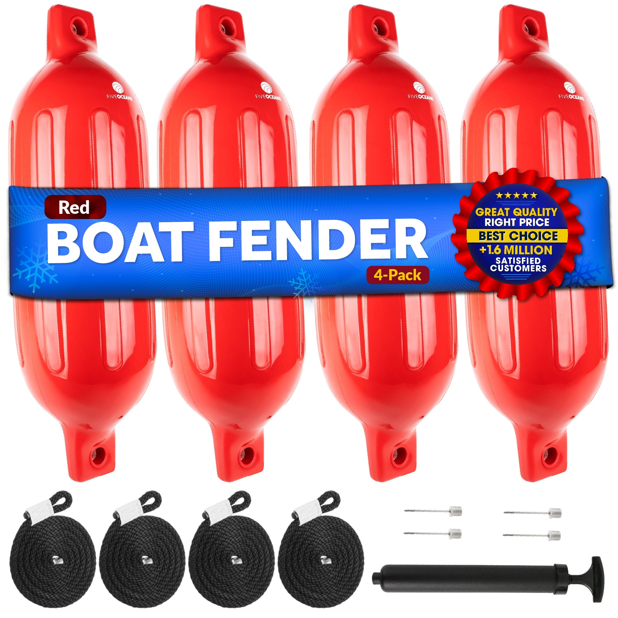 Boat Fenders, 4 Pack Red 4.5" x 16" - FO4538