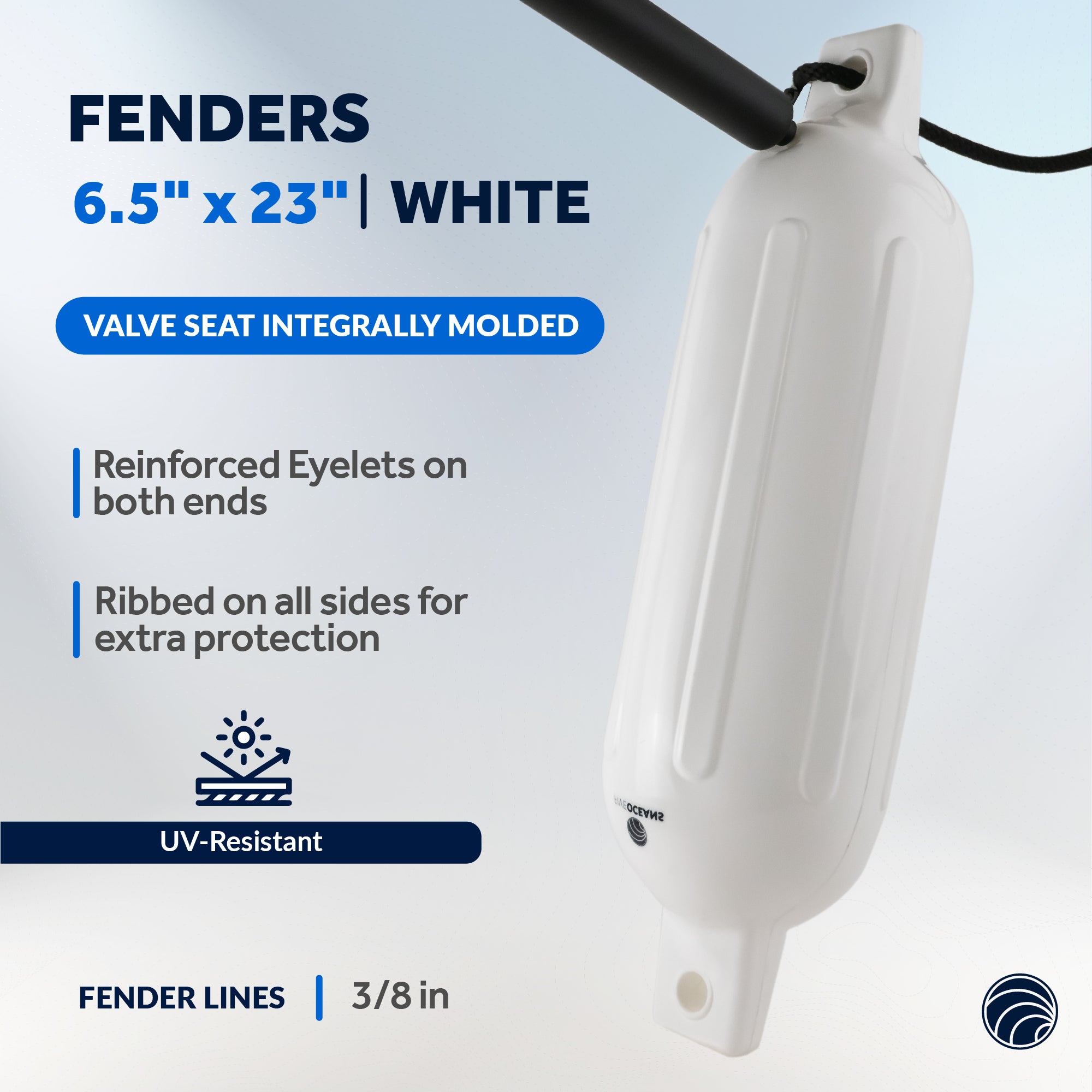 Boat Fenders Complete Set, White 6.5" x 23", Includes Dock Lines and Fender Clips - FO4544-C1