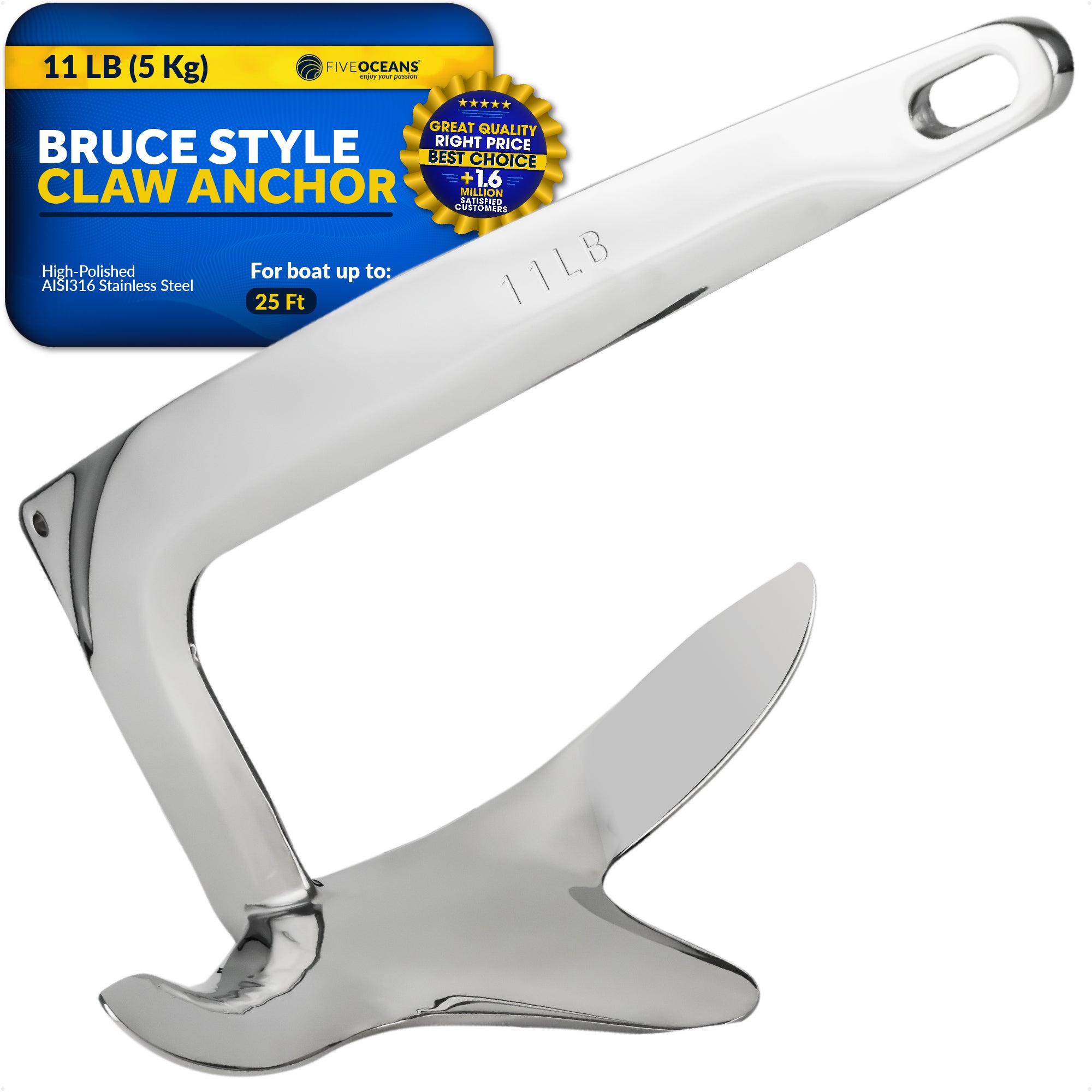 Bruce Style Claw Anchor, 11 Lb, Stainless Steel - FO4548