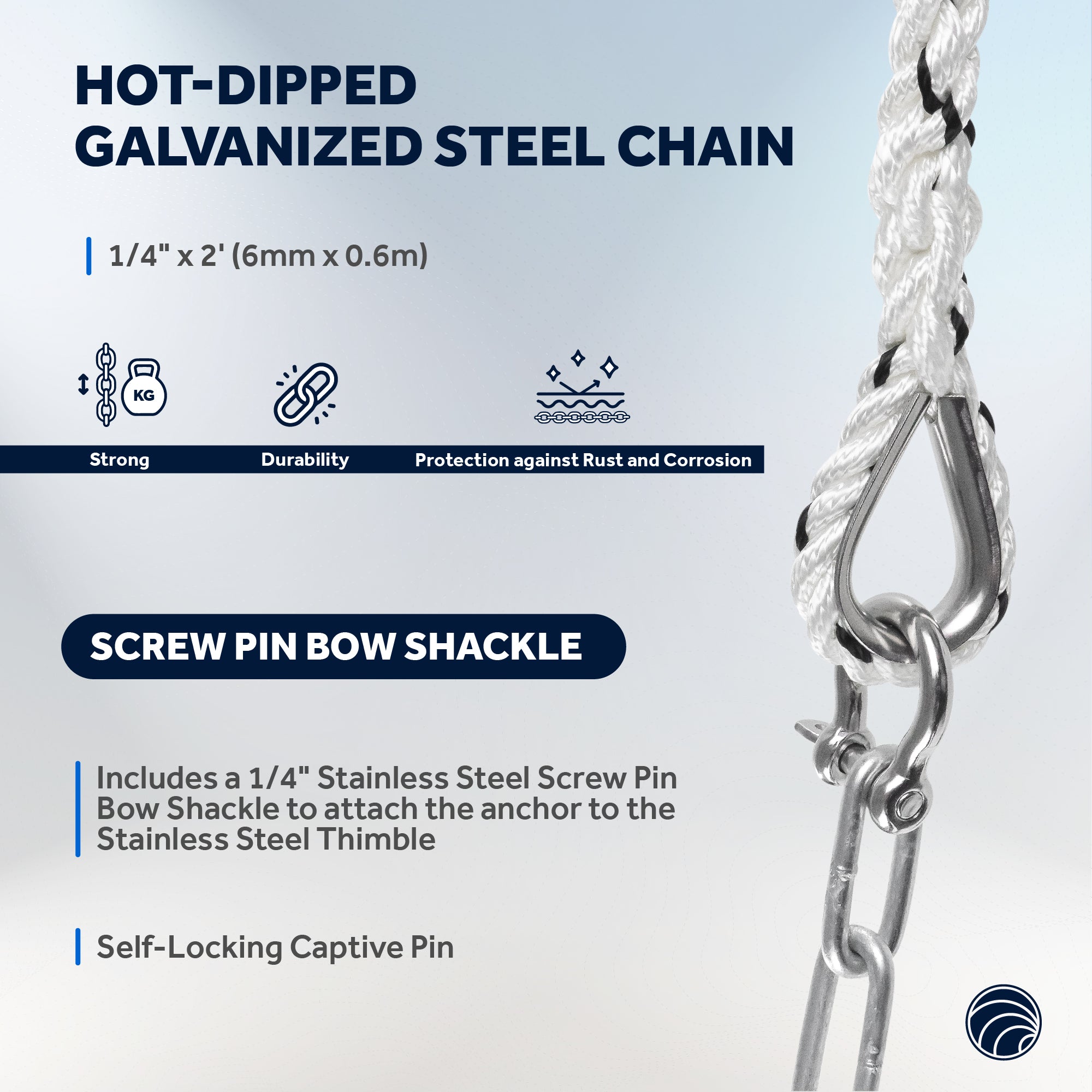 Anchor Rode, 5/16" x 50' Nylon 3-Strand Rope, 1/4" x 2' Hot Dipped Galvanized Steel Chain - FO4565