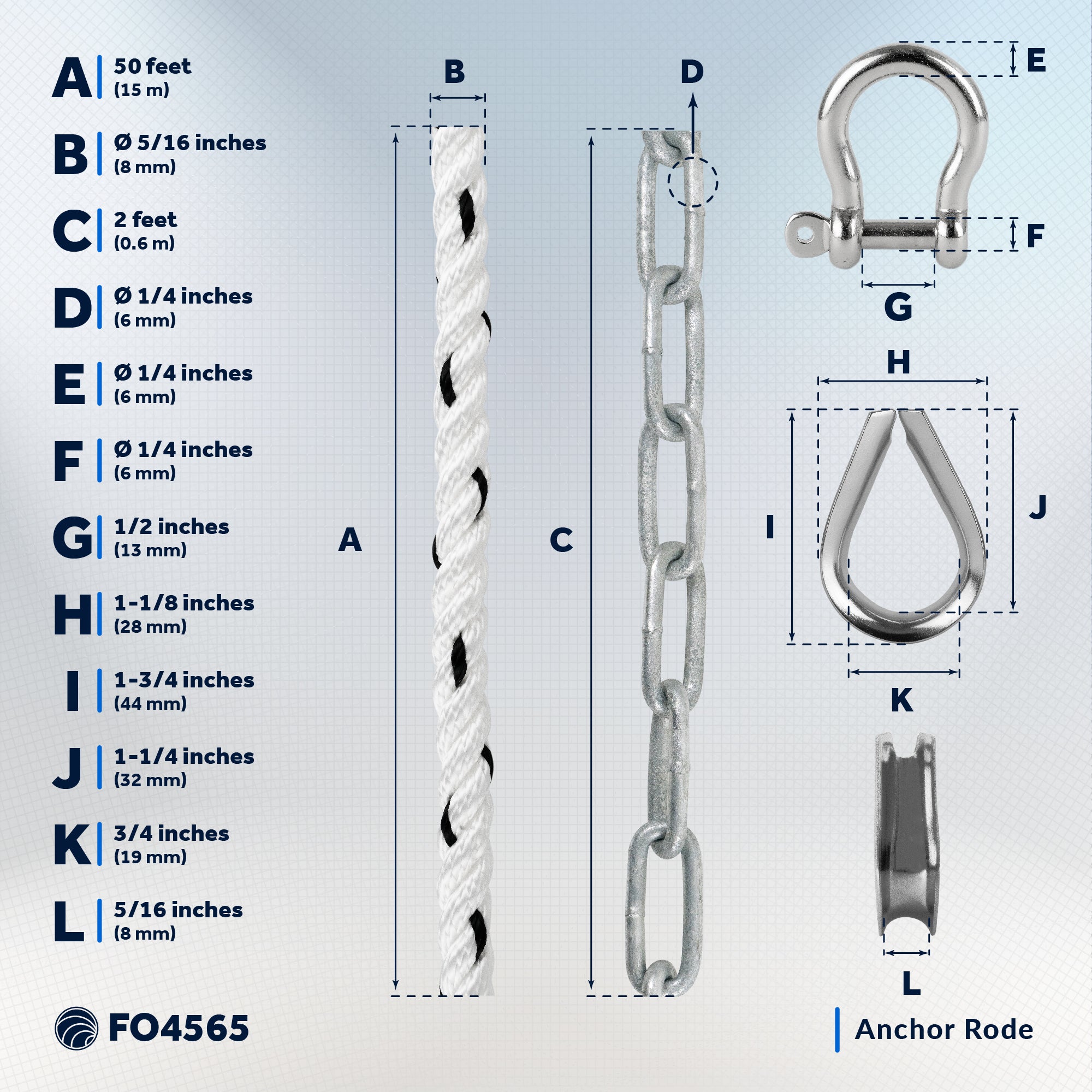 Anchor Rode, 5/16" x 50' Nylon 3-Strand Rope, 1/4" x 2' Hot Dipped Galvanized Steel Chain - FO4565