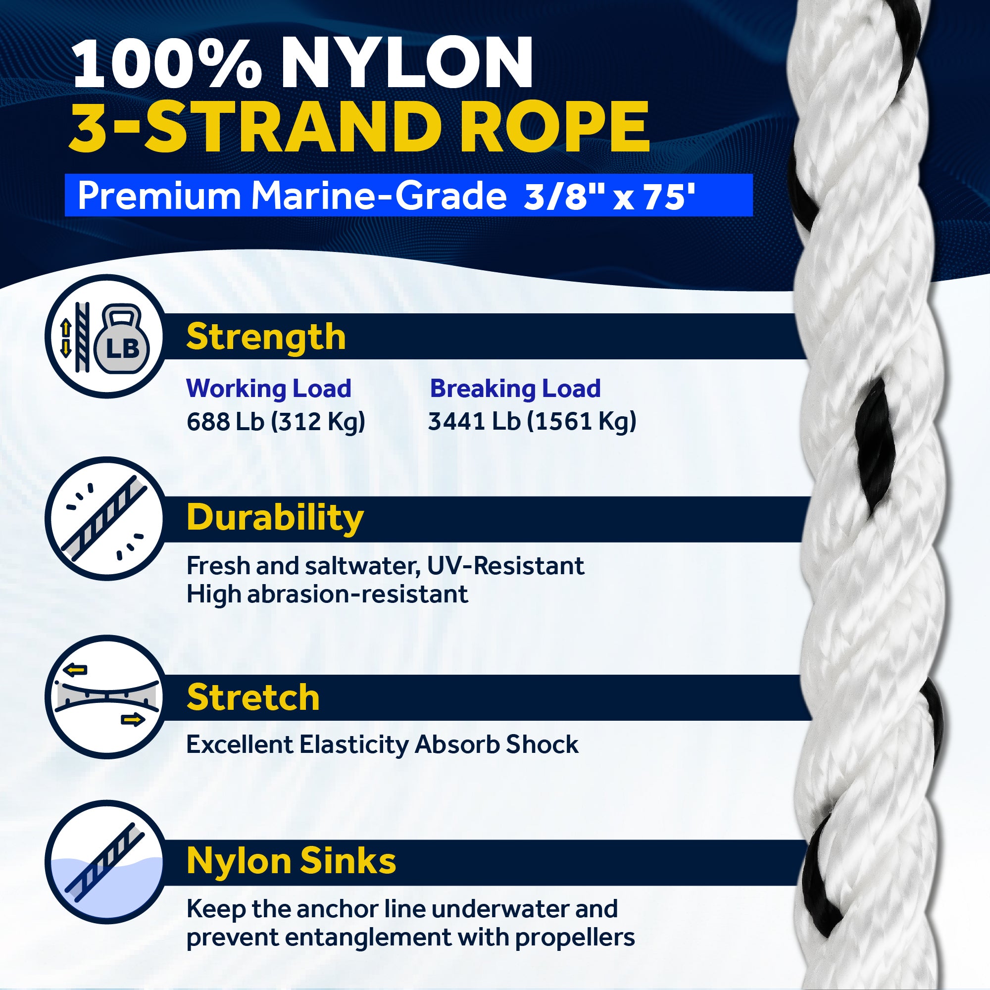 Anchor Line 3/8" x 75', 3-Strand Nylon, Spliced - FO4567-C75