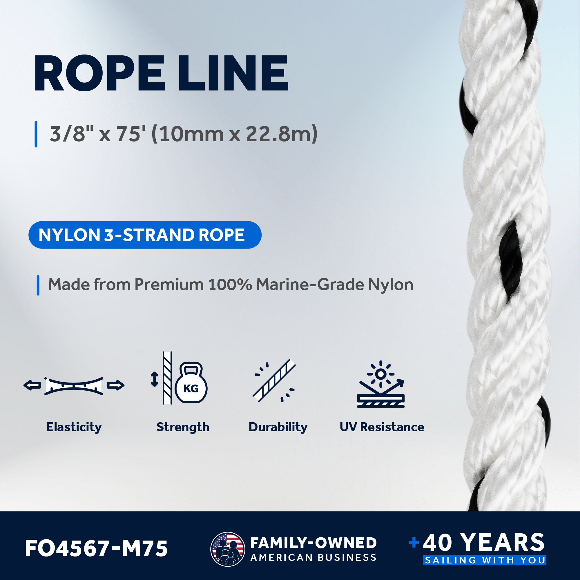 Boat Anchor Rope 3/8" x 75', 3-Strand Nylon - FO4567-M75