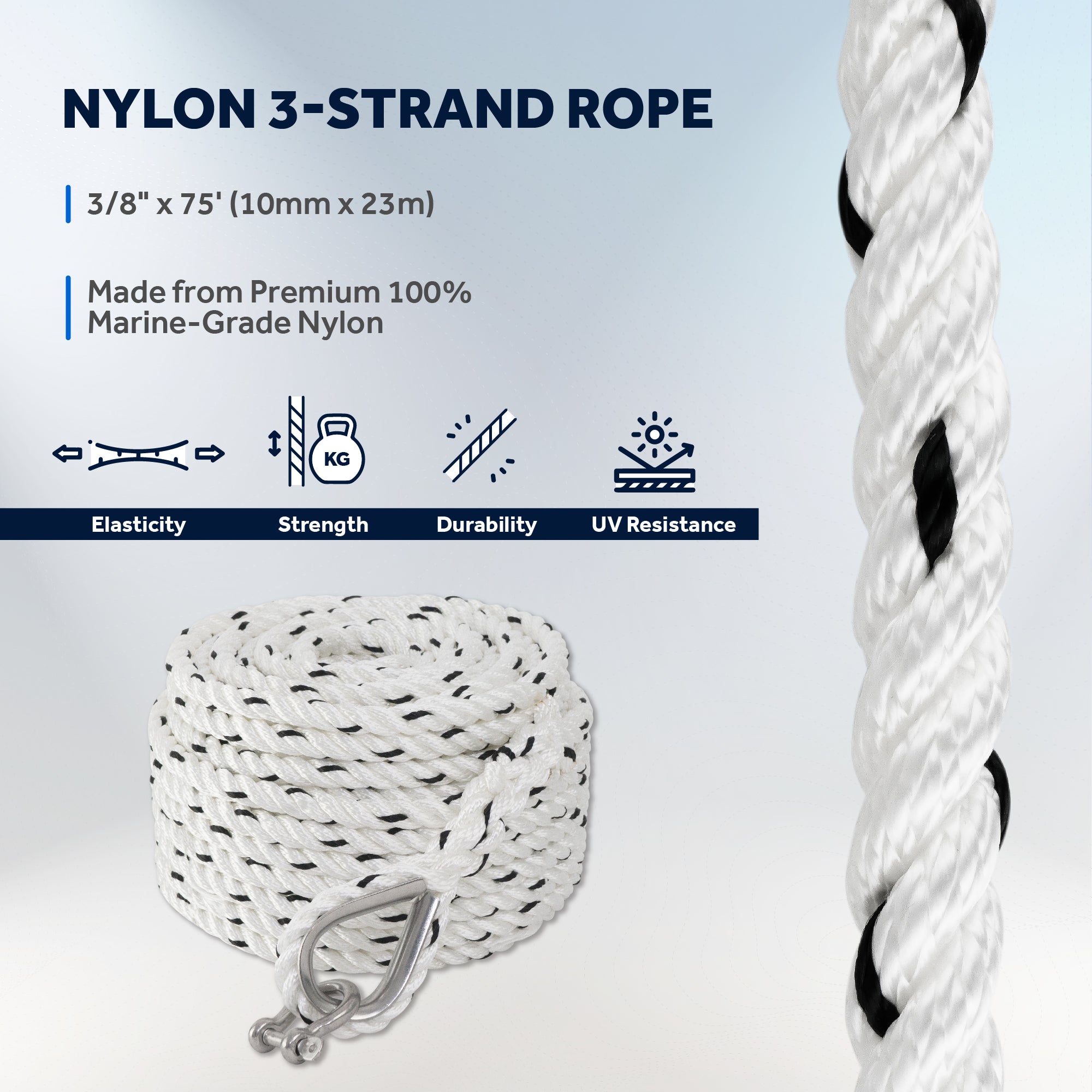 Anchor Rode, 3/8" x 75' Nylon 3-Strand Rope, 1/4" x 3' Hot Dipped Galvanized Steel Chain - FO4571