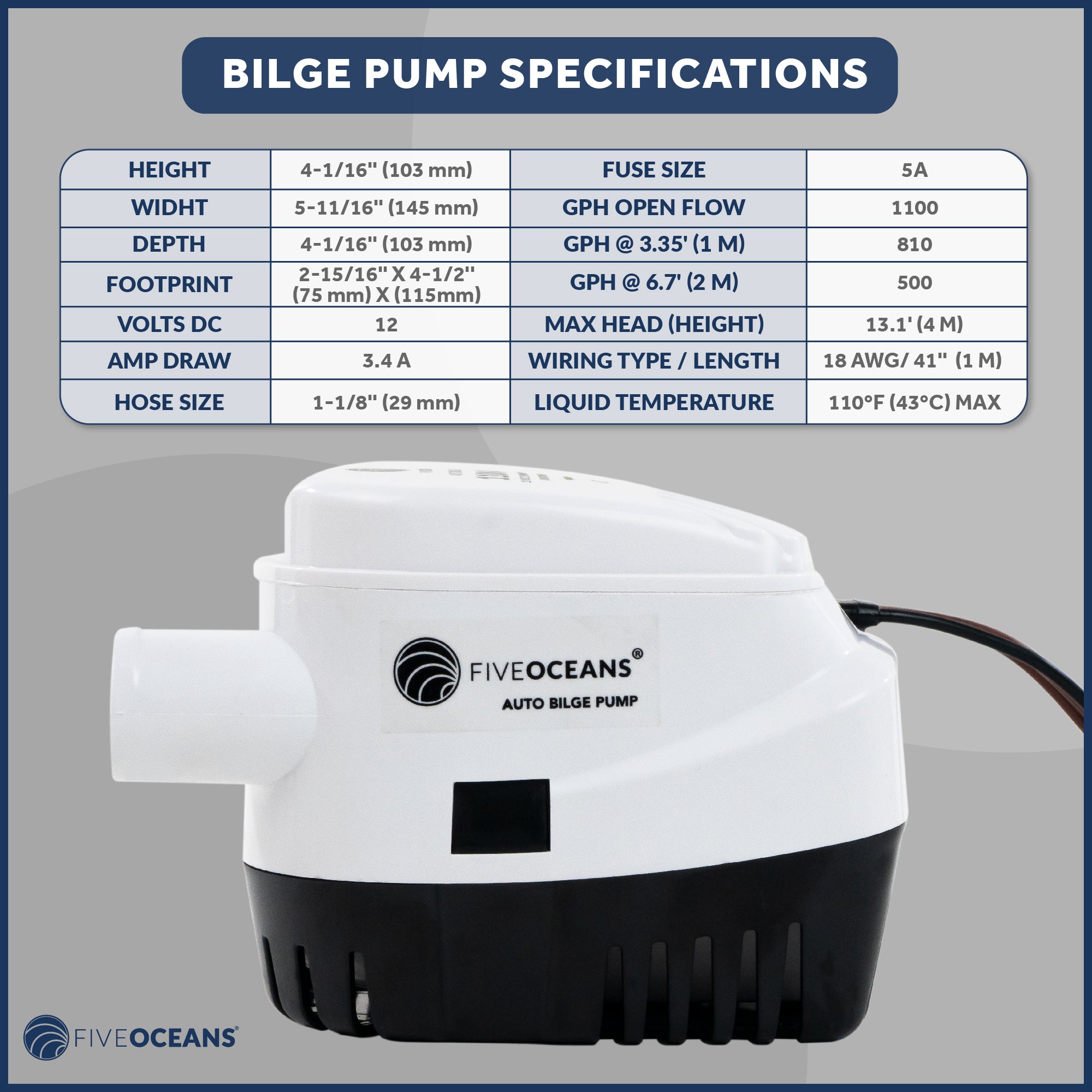 1100 GPH / 4164 LPH Automatic Bilge Pump 12V, 1-1/8" (29mm) Interior Diameter Hose, 41" 18-Gauge Wire - FO4660 - Five Oceans