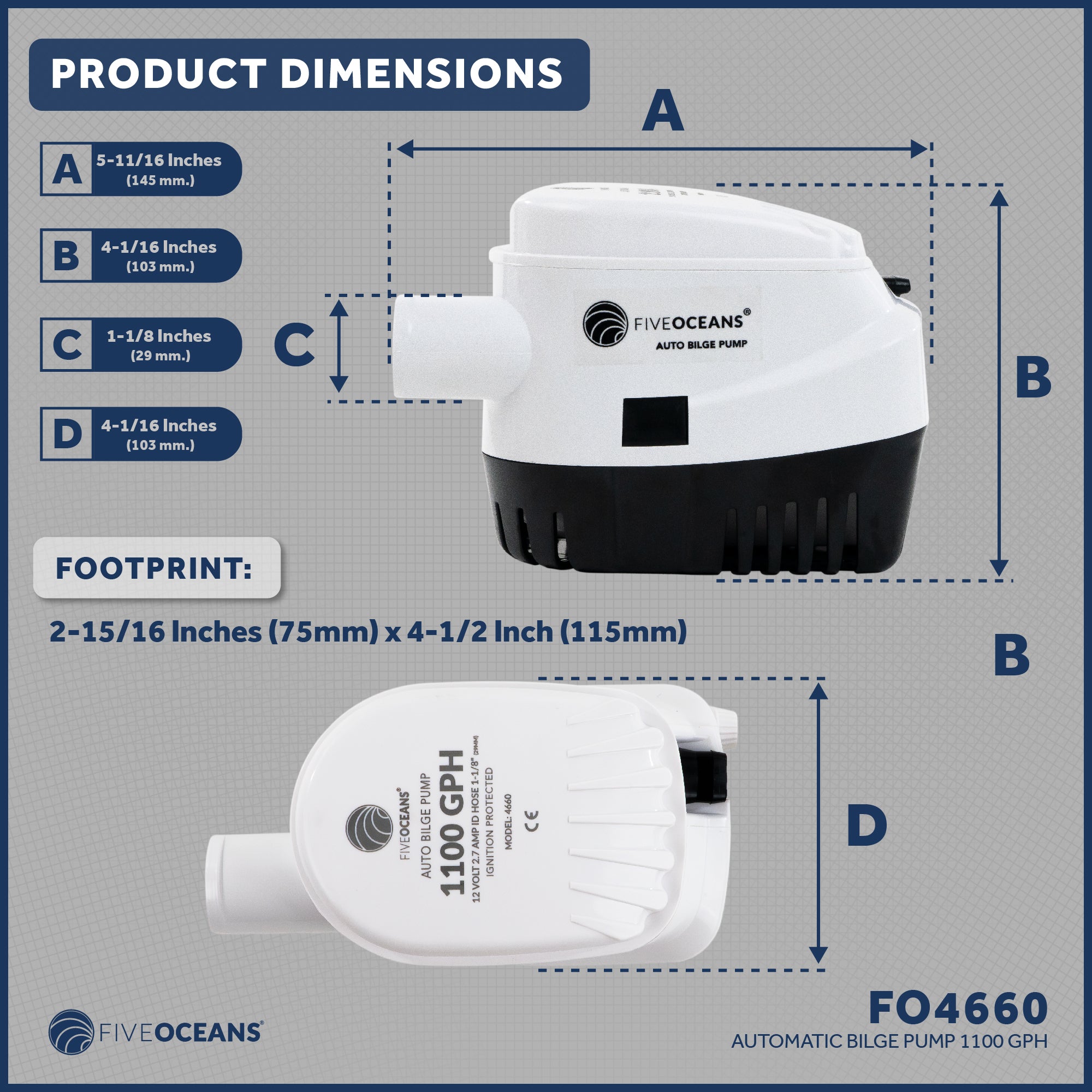 1100 GPH / 4164 LPH Automatic Bilge Pump 12V, 1-1/8" (29mm) Interior Diameter Hose, 41" 18-Gauge Wire - FO4660 - Five Oceans