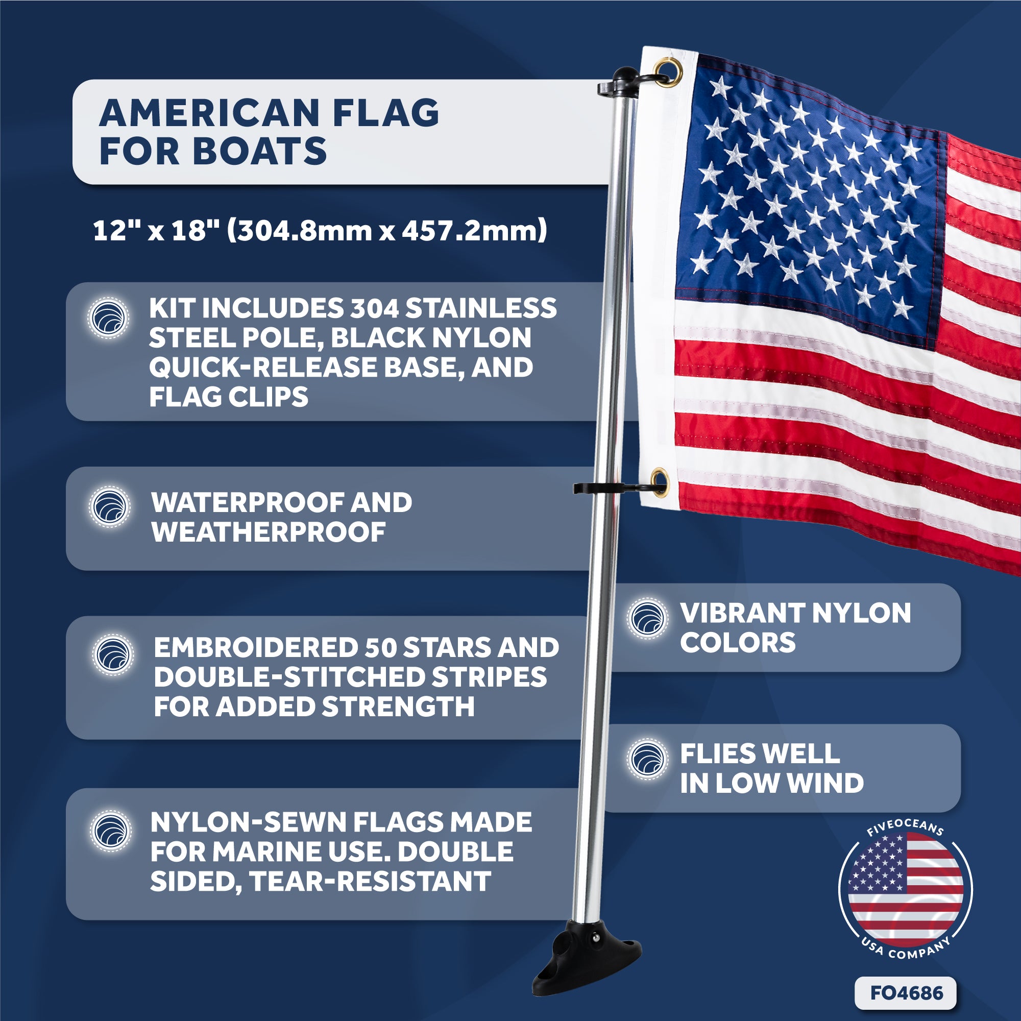 Boat Flag Pole Kit with American Flag 12"x18"- FO4686