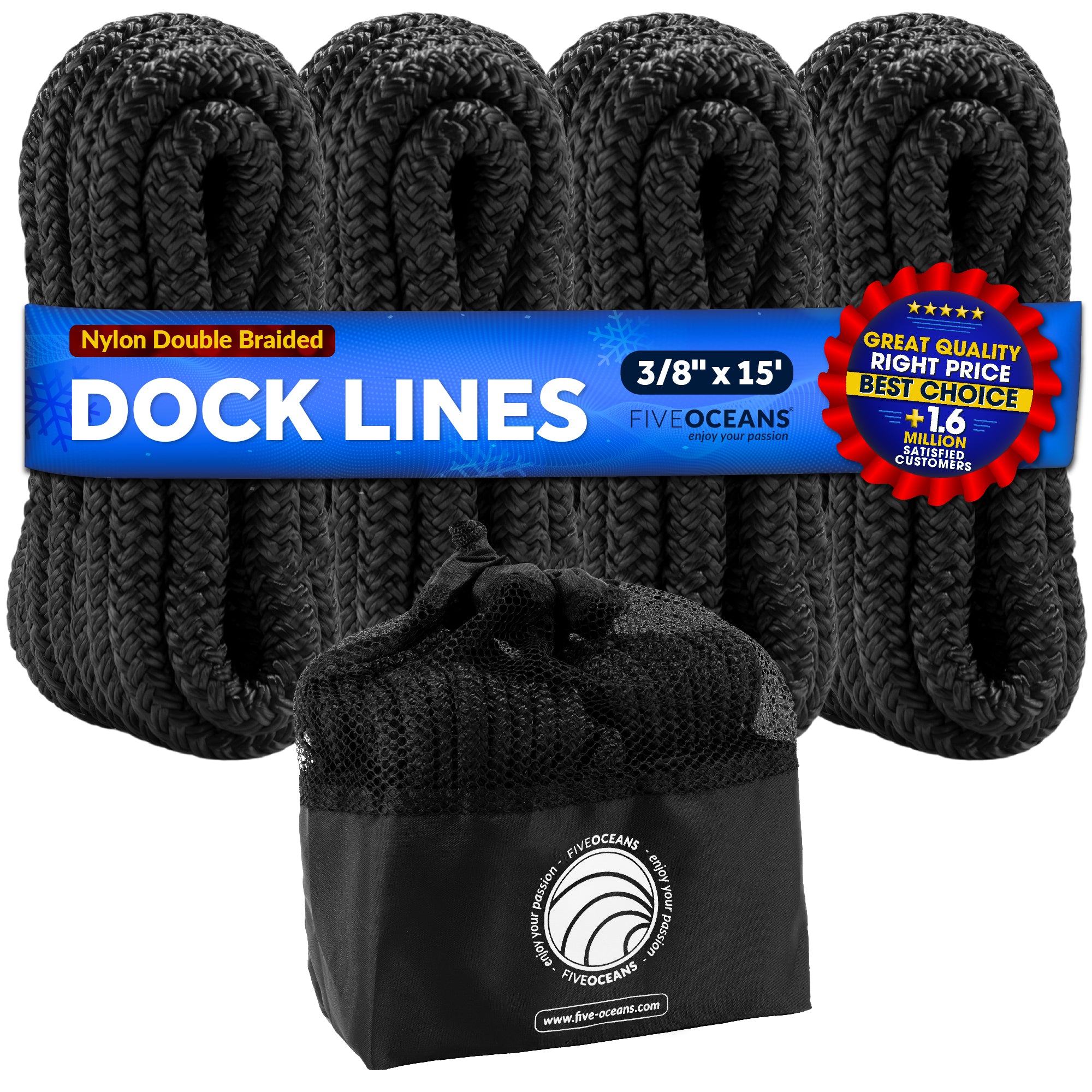 3/8" x 15' Boat Dock Lines with 12" Eyelet, 4-Pack, Black Premium Double Braid Nylon - FO4694 - Five Oceans