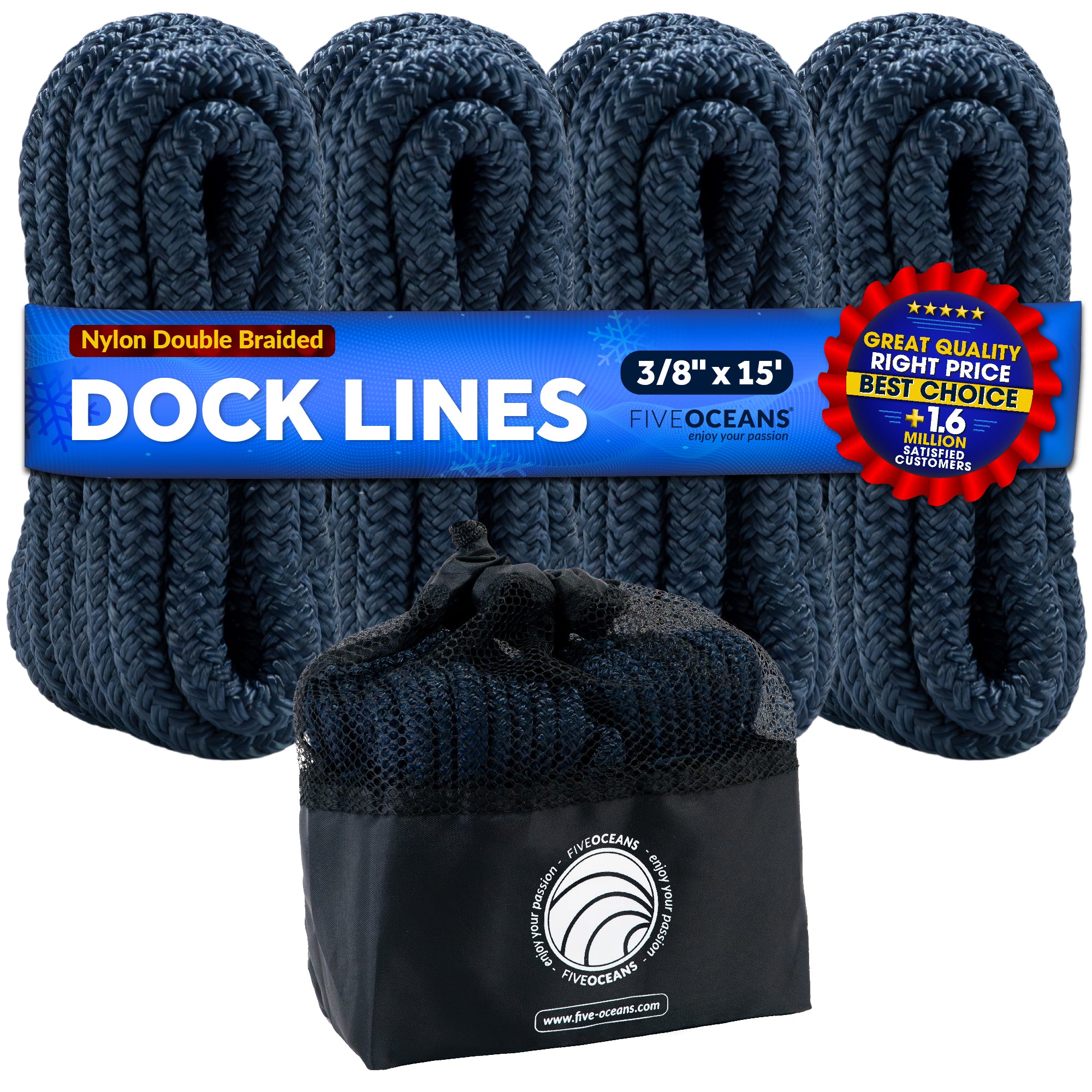 3/8" x 15' Boat Dock Lines with 12" Eyelet, 4-Pack, Navy Blue Premium Double Braid Nylon - FO4695