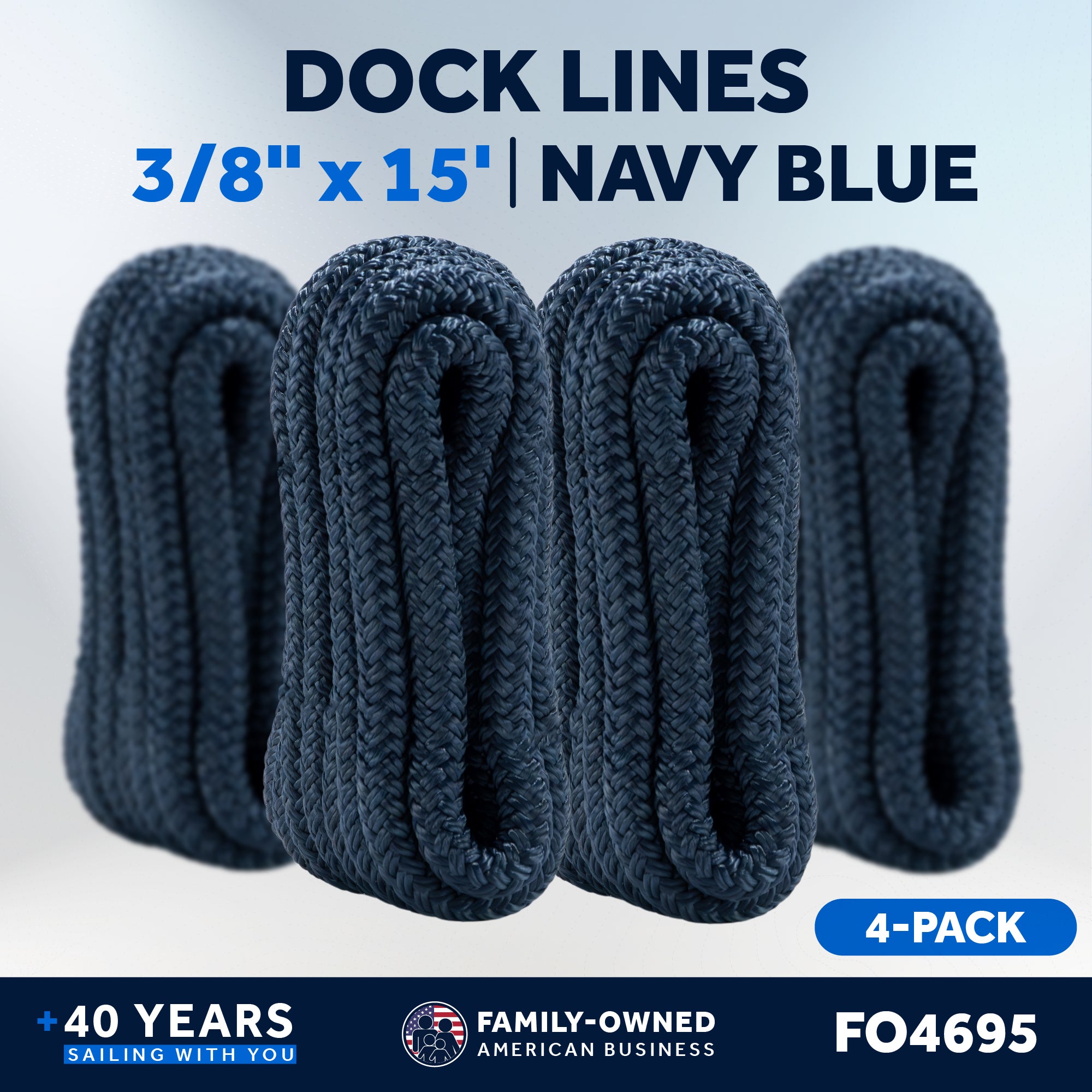 3/8" x 15' Boat Dock Lines with 12" Eyelet, 4-Pack, Navy Blue Premium Double Braid Nylon - FO4695