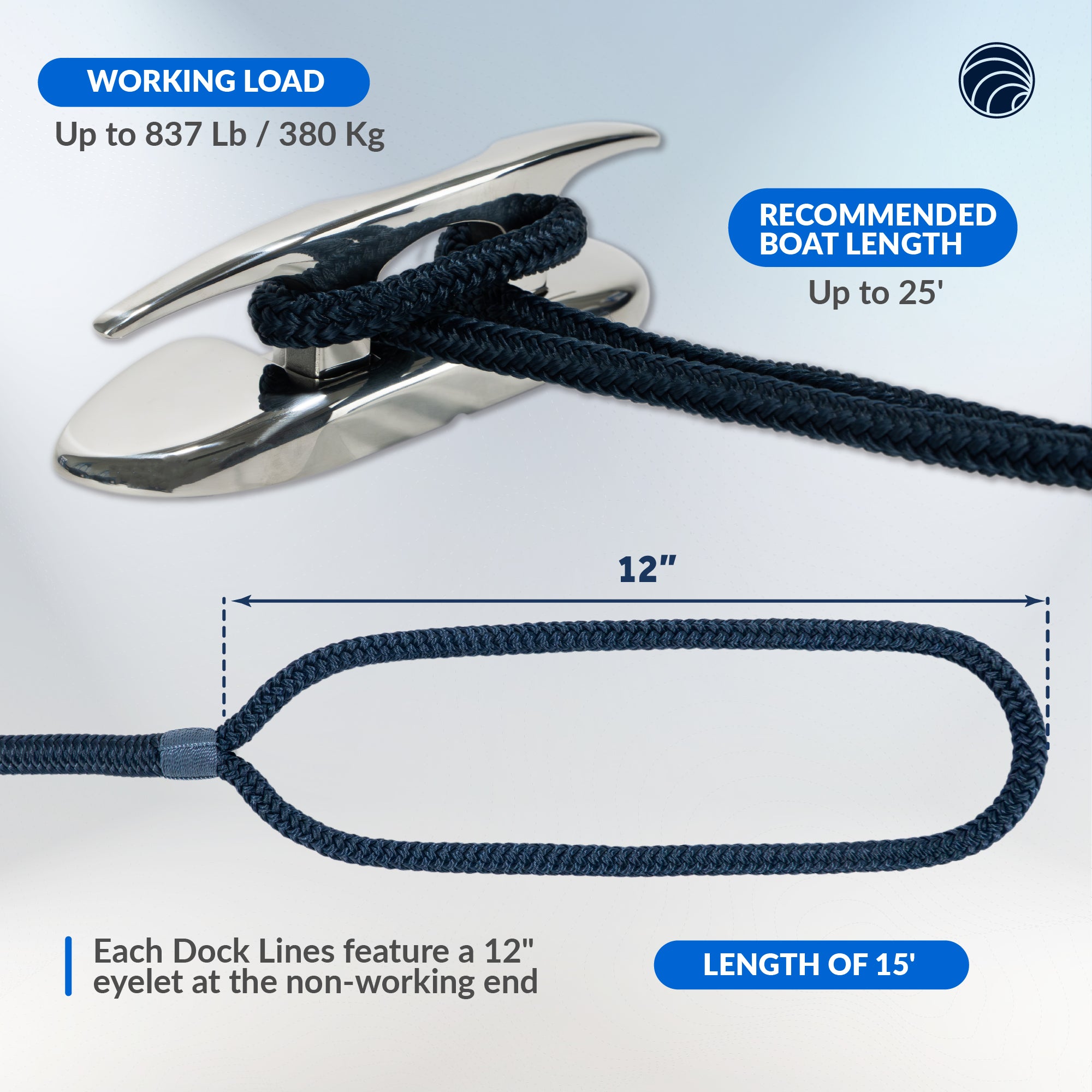 3/8" x 15' Boat Dock Lines with 12" Eyelet, Navy Blue Premium Double Braid Nylon, 4-Pack - FO4695