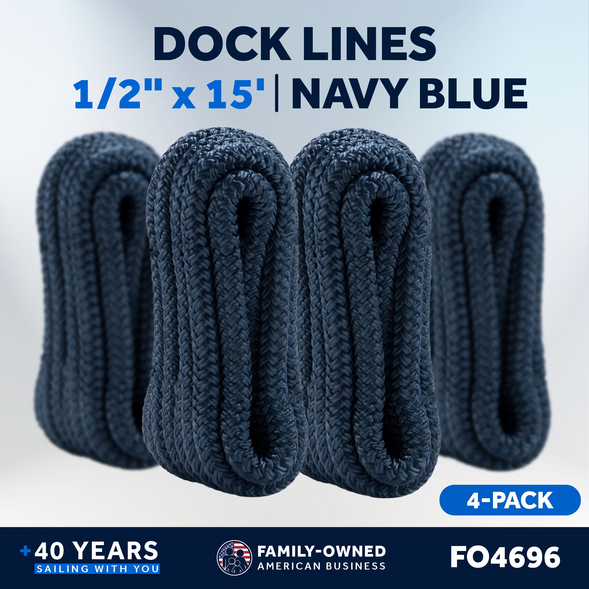 1/2" x 15' Boat Dock Lines with 12" Eyelet, 4-Pack, Navy Blue Premium Double Braid Nylon - FO4696