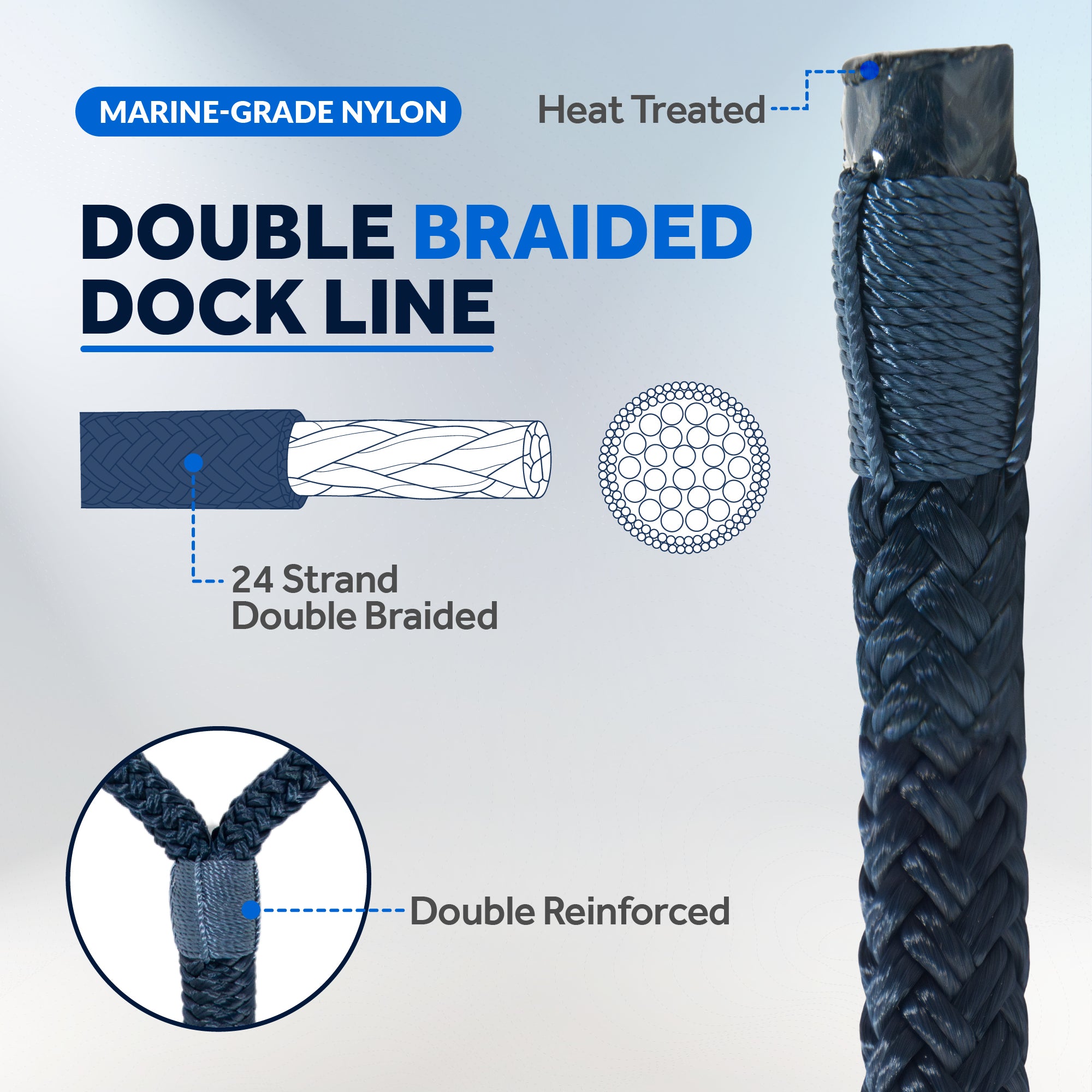 1/2" x 15' Boat Dock Lines with 12" Eyelet, 4-Pack, Navy Blue Premium Double Braid Nylon - FO4696